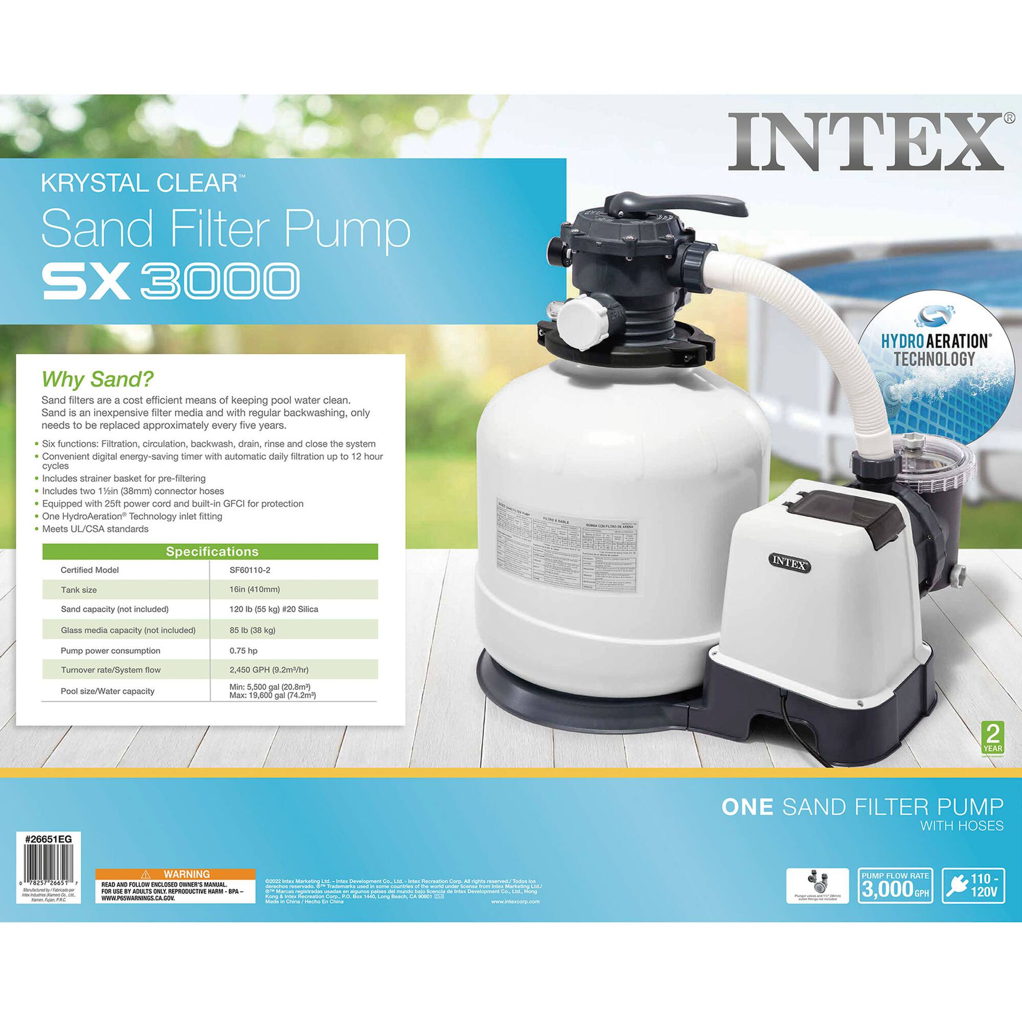 **KRISTAL CLEAR**  
Sand Filter Pump  
SX 3000  

**INTEX**  

---

**Why Sand?**  
Sand filters are a cost-efficient means of keeping pool water clean. Sand is an inexpensive filter media and with regular backwashing, only needs to be replaced approximately every five years.  

- Six functions: Filtration, circulation, backwash, drain, rinse and close the system  
- Convenient digital energy-saving timer with automatic daily filtration up to 12 hour cycles  
- Includes strainer basket for pre-filtering  
- Includes two 1" (25.4mm) connector hoses  
- Equipped with 25ft power cord and built-in GFCI for protection  
- One HydroAeration™ Technology inlet fitting  
- Meets UL/CSA standards  

---

**Specifications**  
Certified Model: SPF0110-2  

- Tank size: 16" (406mm)  
- Sand capacity (not included): 110 lb (50 kg) 200 Silica  
- Glass media capacity (not included): 85 lb (38 kg)  
- Pump power consumption: 0.75 hp (0