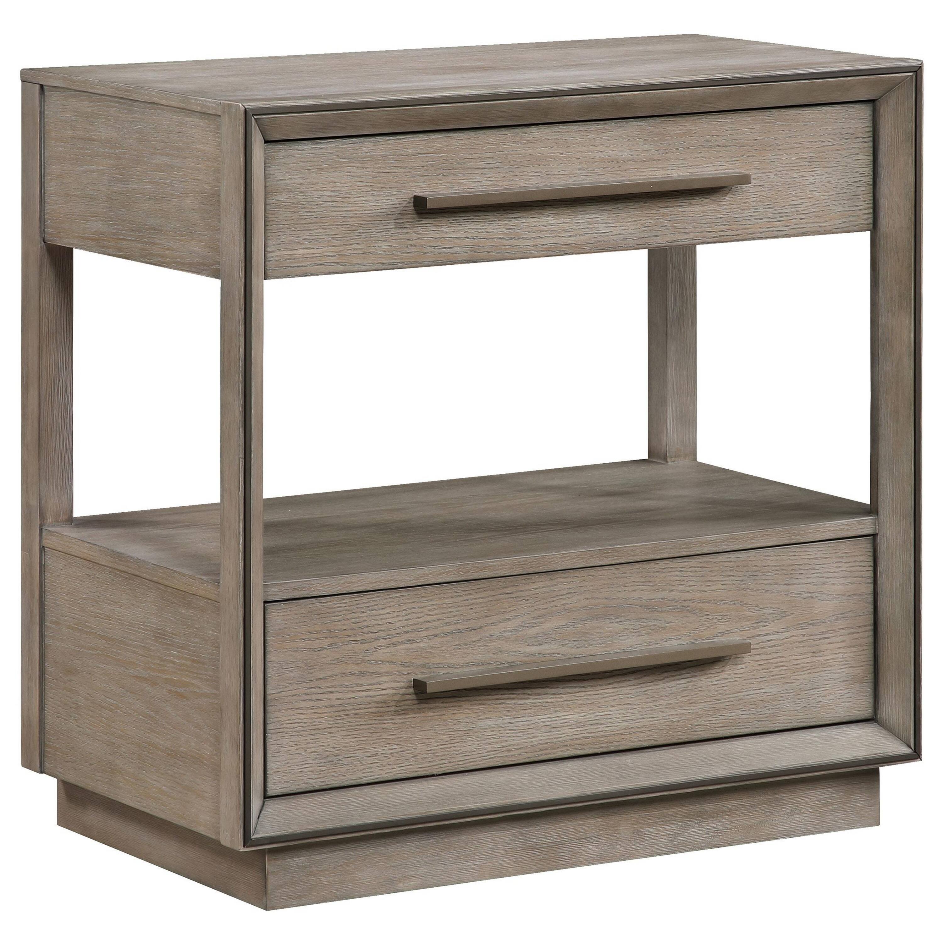 Front. Manhattan Lane - Lyni Nightstand, 2 Storage Drawers, Open Shelf, Washed Oak - Oak Brown.