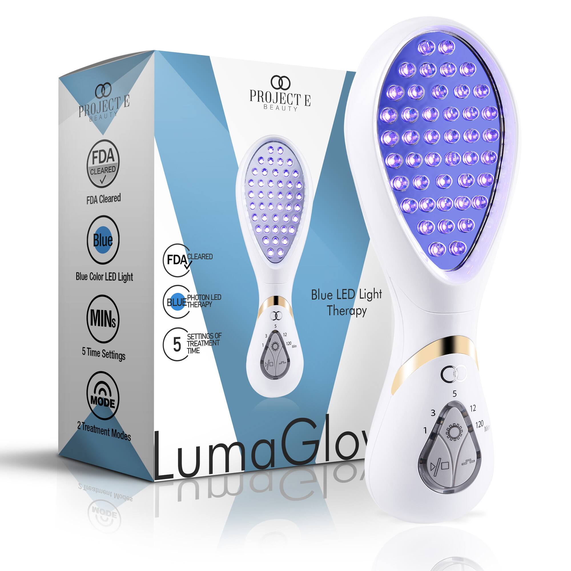 PROJECT E BEAUTY  
FDA CLEARED  
PROJECT BEAUTY E  
FDA Cleared  
Blue CLEARED FDA Blue Color LED Light PHOTON LED Blue LED Light BLUE THERAPY Therapy  
MINs! SETTINGS OF I 12 5 TREATMENT 5 Time TIME Settings  5 MODE 12 3 2Treatment 120 1 Modes Glo 2 Lumar % So Treatment MODE Modes LumaGlor