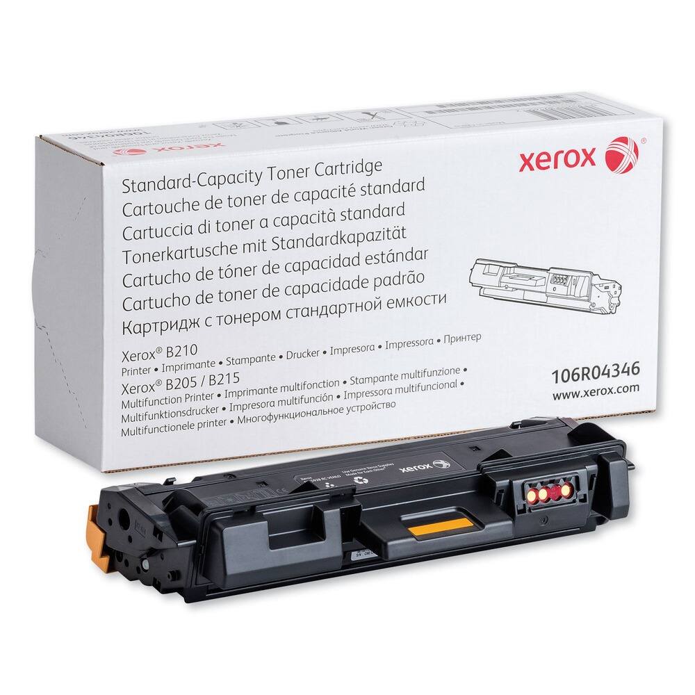 Sure, here is the corrected and grouped text:

---

**Xerox® Standard-Capacity Toner Cartridge**

- Cartouche de toner de capacité standard
- Cartuccia di toner a capacità standard
- Tonerpatrone mit Standardkapazität
- Cartucho de toner de capacidad estándar
- Cartucho de toner de capacidad padrão
- Картридж с тонером стандартной емкости

**Compatible with:**

- Xerox® B210
- Xerox® B205 / B215

**Printer Models:**

- Printer • Imprimante • Stampante • Drucker • Impresora • Печать
- Multifunction Printer • Impresora multifunción • Imprimante multifonction • Multifunktiondrucker • Многорубежное устройство • Multifunctionele printer

**Product Code:**

- 106R04346

**Website:**

- www.xerox.com

---