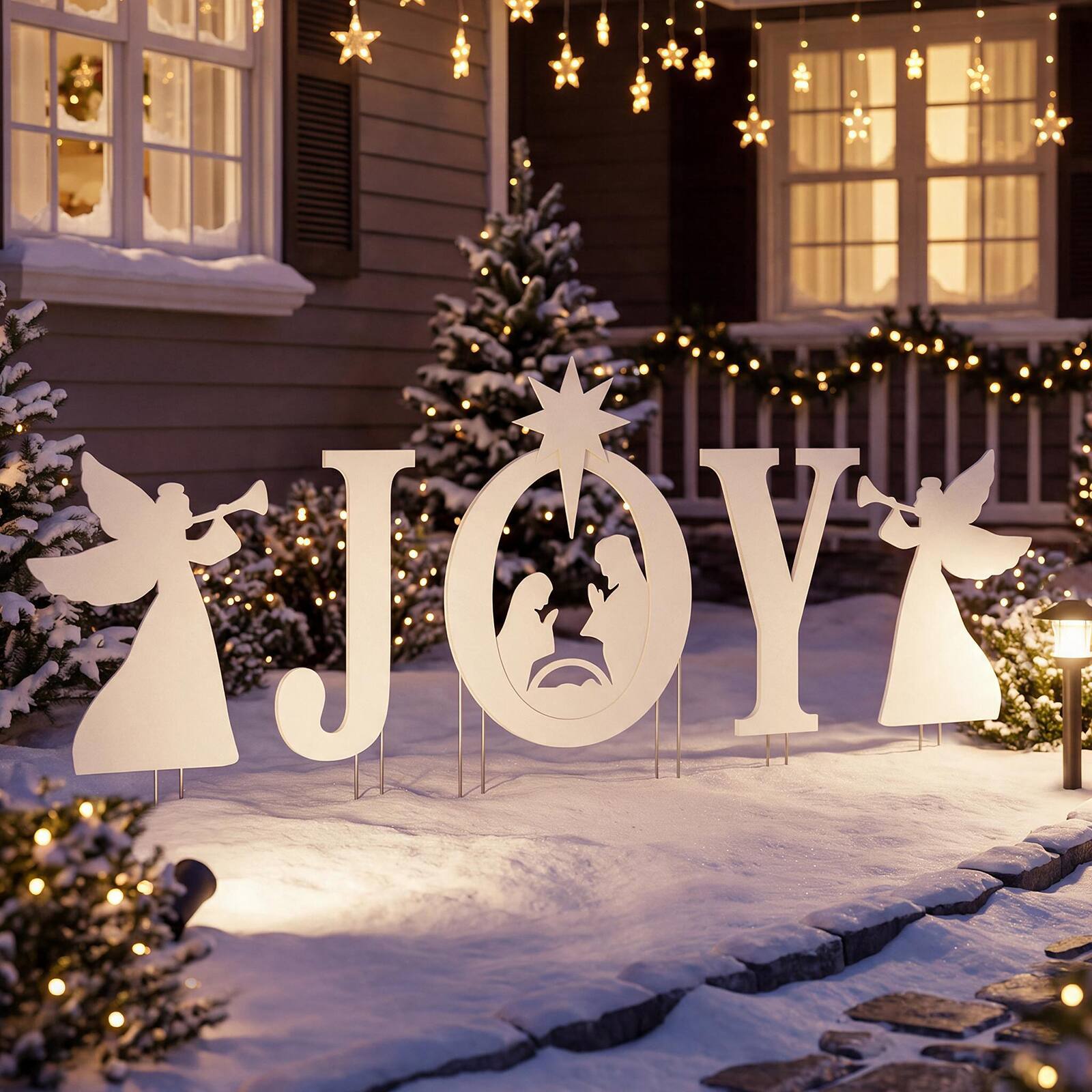 Alt View 3. Costway - Costway 5 PCS JOY Nativity Christmas Yard Sign Set with Angels, Holy Family Silhouette - White.