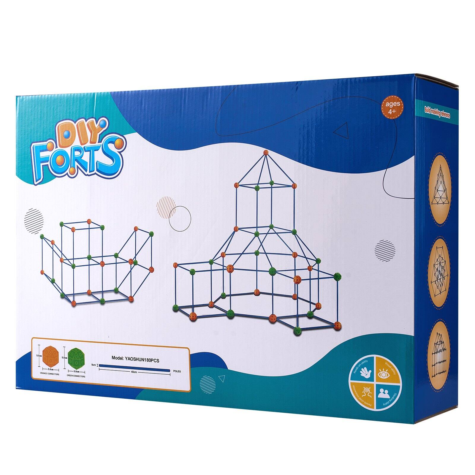 DIY Forts  
ages 4+  

Model: YAOSHUN180PCS  

- 100 x Orange Connectors  
- 80 x Green Connectors  
- 400 x Poles  

Building Zone