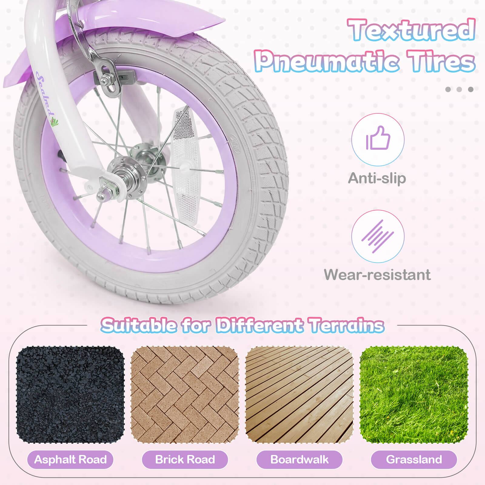 Sealdy Textured Pneumatic Tires  
Anti-slip  
Wear-resistant  
Suitable for Different Terrains  
Asphalt Road  
Brick Road  
Boardwalk  
Grassland