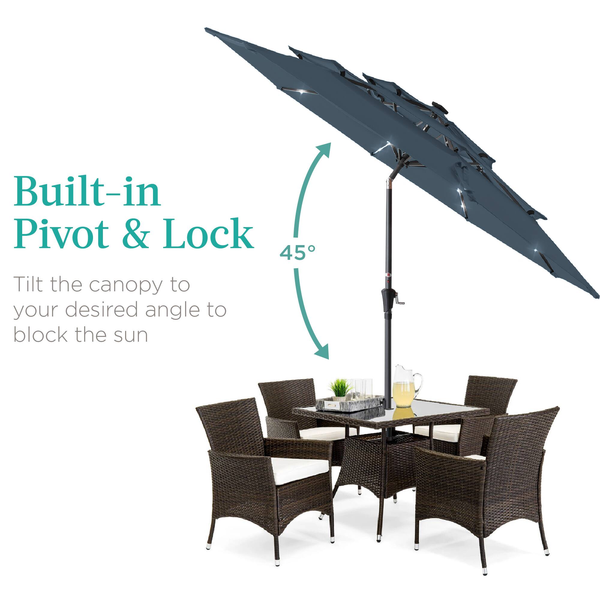 Built-in Pivot & Lock

Tilt the canopy to your desired angle to block the sun.
