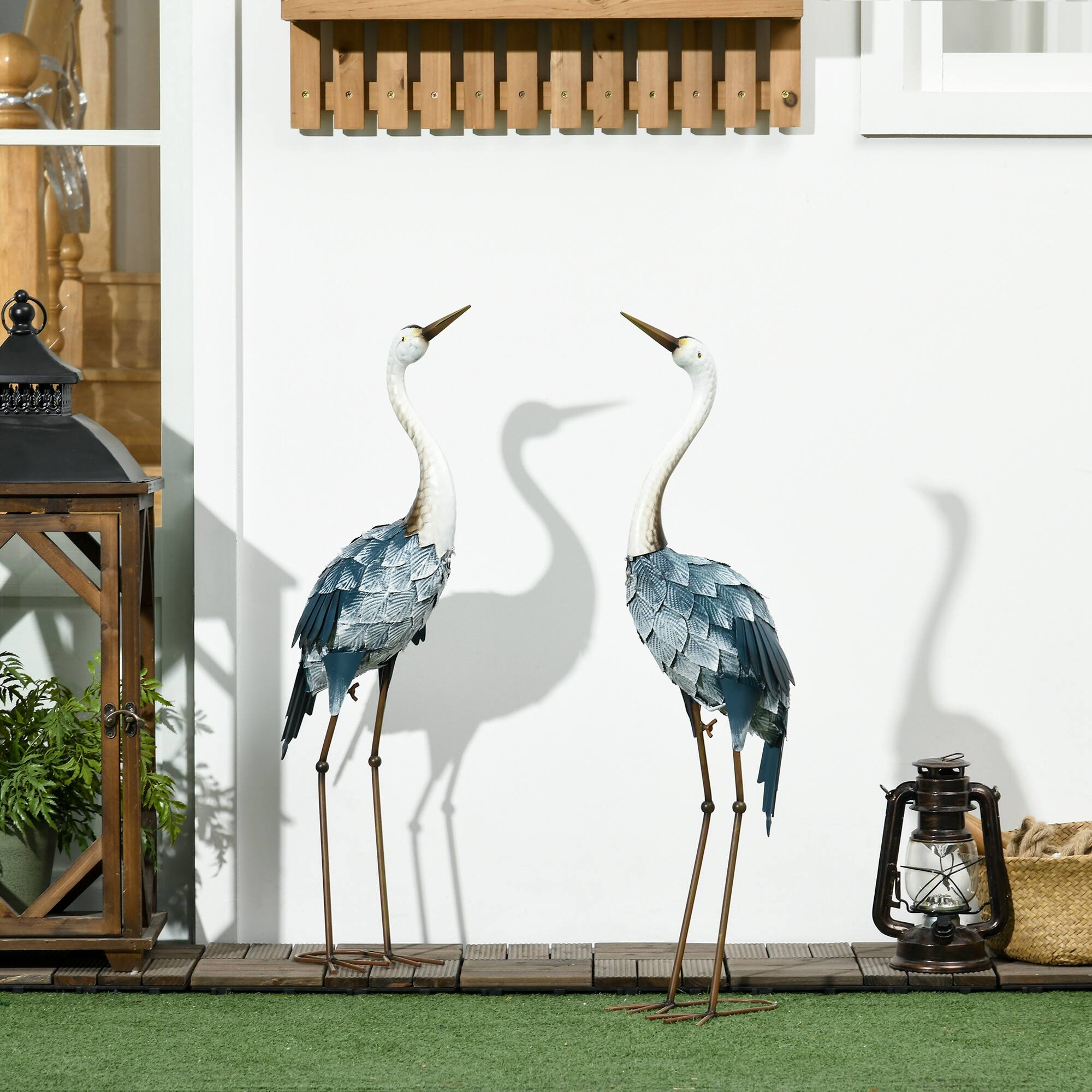 Alt View 1. Outsunny - Crane Garden Statues, 28.5" & 29" Standing Bird Sculptures, Metal Yard Art Decor for Lawn, Patio, Backyard - Blue.