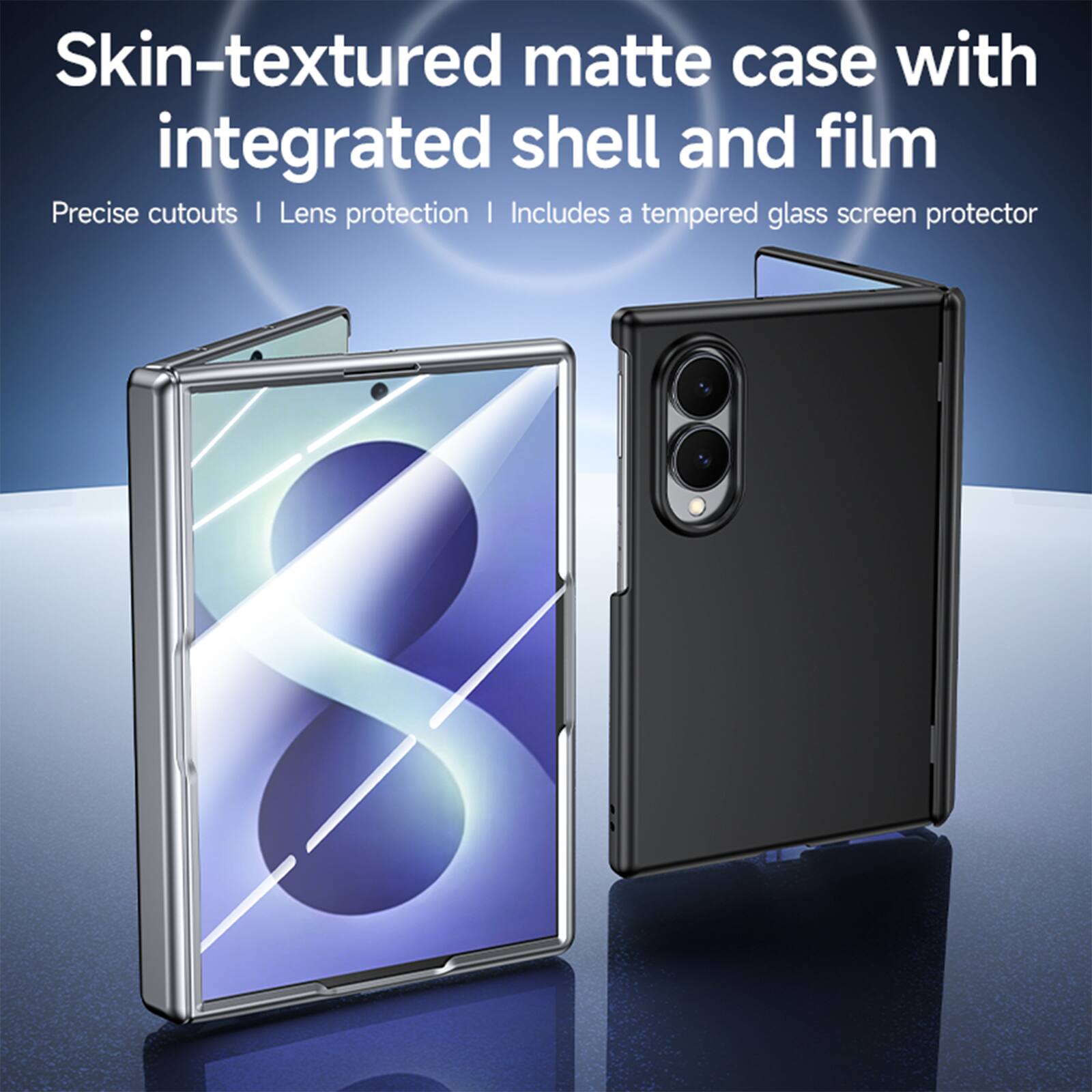 Skin-textured matte case with integrated shell and film  
Precise cutouts | Lens protection | Includes a tempered glass screen protector