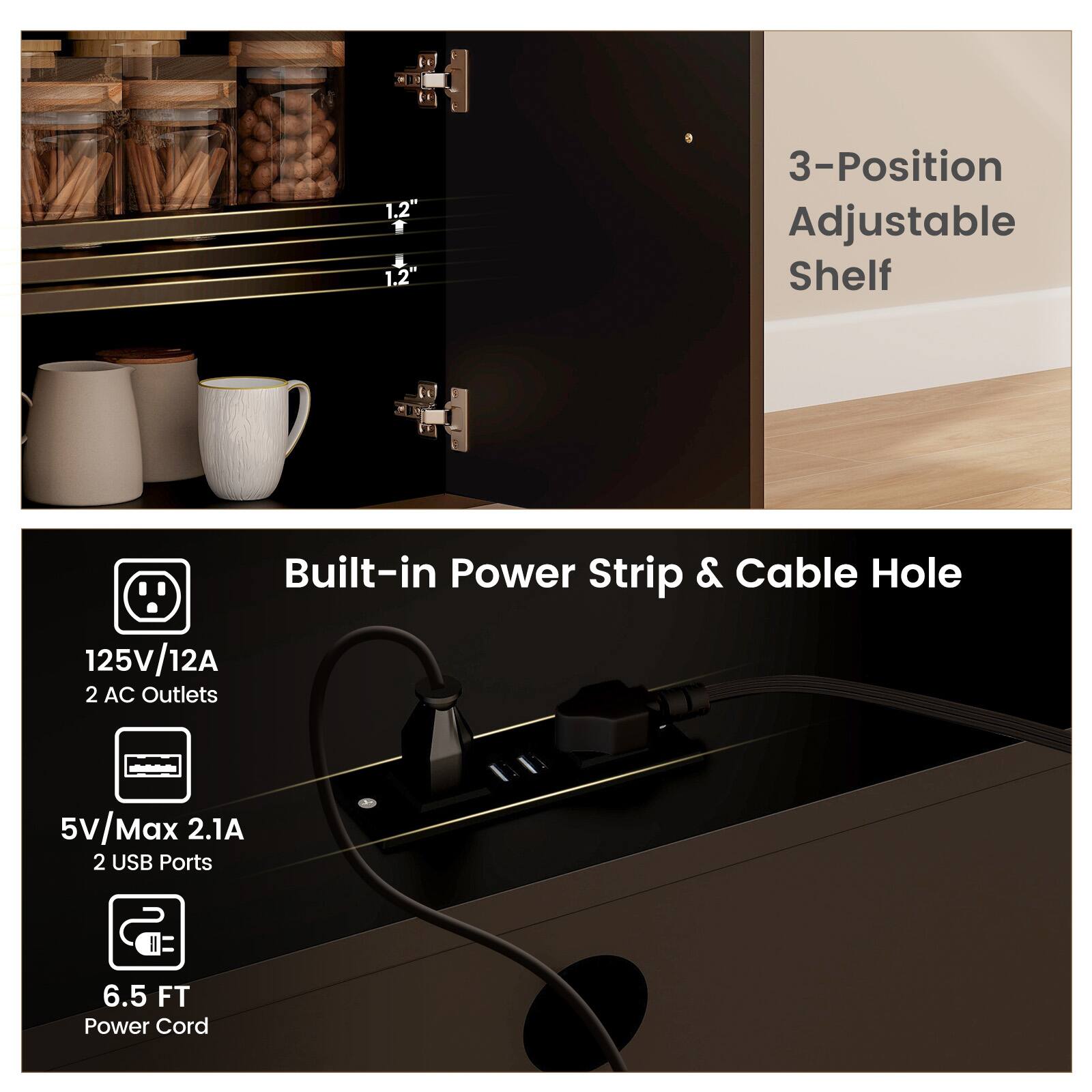 1.2", 1.2", 3-Position Adjustable Shelf, Built-in Power Strip & Cable Hole, 125V/12A, 2 AC Outlets, 5V/Max 2.1A, 2 USB Ports, 6.5 FT Power Cord