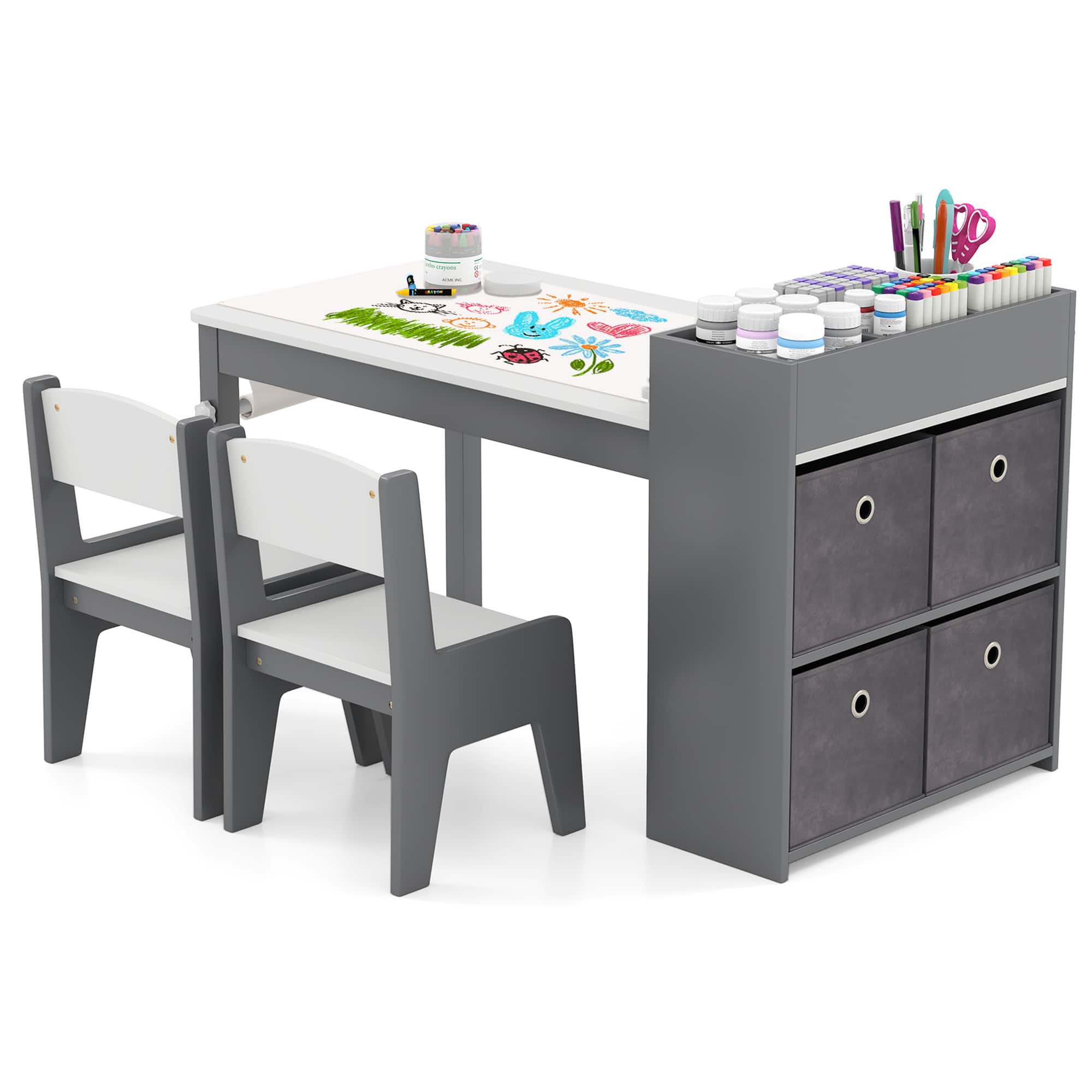 Front. Costway - Costway Kids Art Table & Chairs Set with Paper Roll Wooden Craft Study Desk Active Play Gray - Gray.