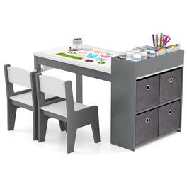 Costway - Kids Art Table & Chairs Set with Paper Roll Wooden Craft Study Desk Active Play - Gray