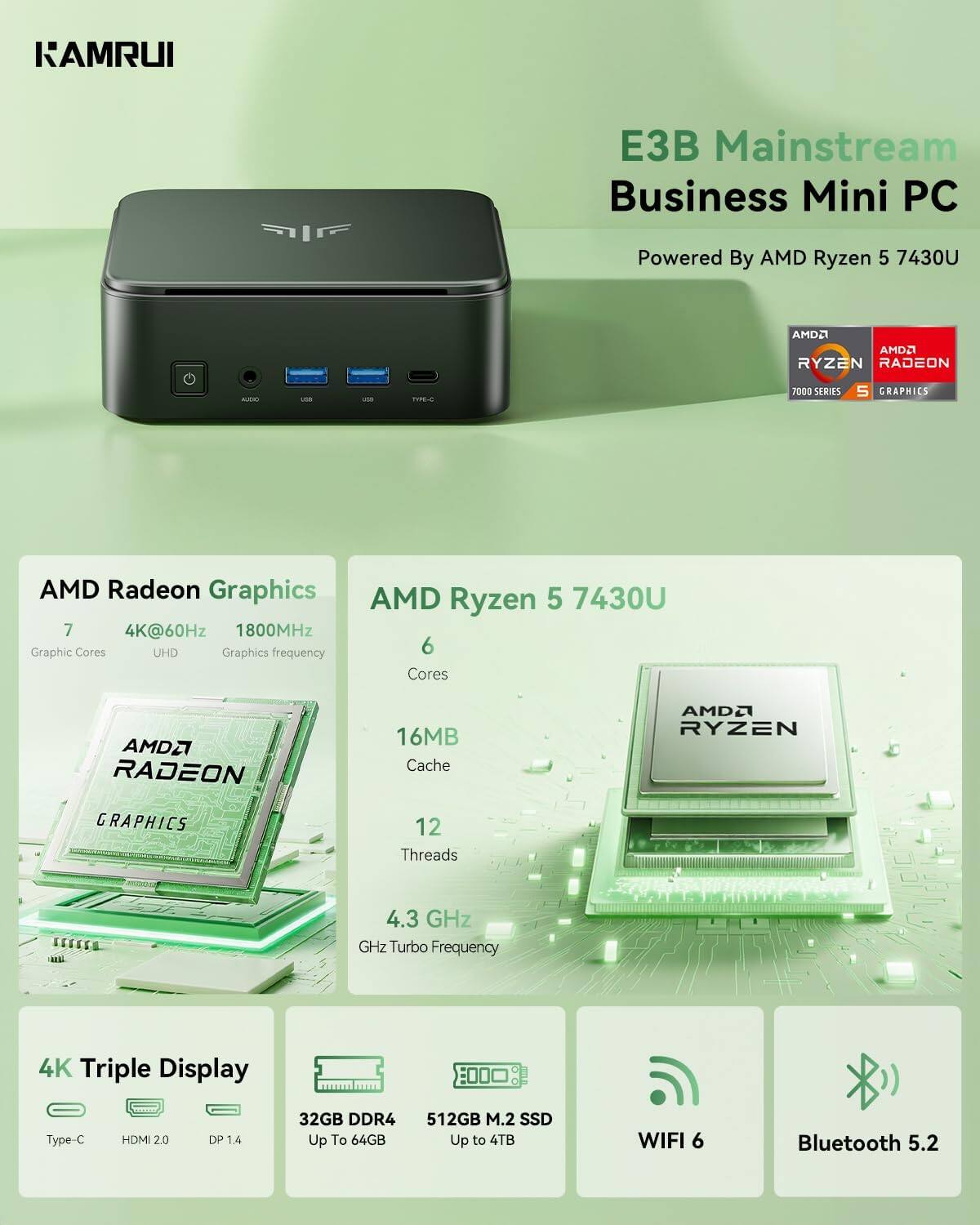 KAMRUI  
E3B Mainstream Business Mini PC  
Powered By AMD Ryzen 5 7430U  

AMD Radeon Graphics  
- 7 Graphic Cores  
- 4K@60Hz  
- 1800MHz Graphics Frequency  

AMD Ryzen 5 7430U  
- 6 Cores  
- 16MB Cache  
- 12 Threads  
- 4.3 GHz Turbo Frequency  

4K Triple Display  
- Type-C  
- HDMI 2.0  
- DP 1.4  

32GB DDR4 Up To 64GB  
512GB M.2 SSD Up to 4TB  
WIFI 6  
Bluetooth 5.2