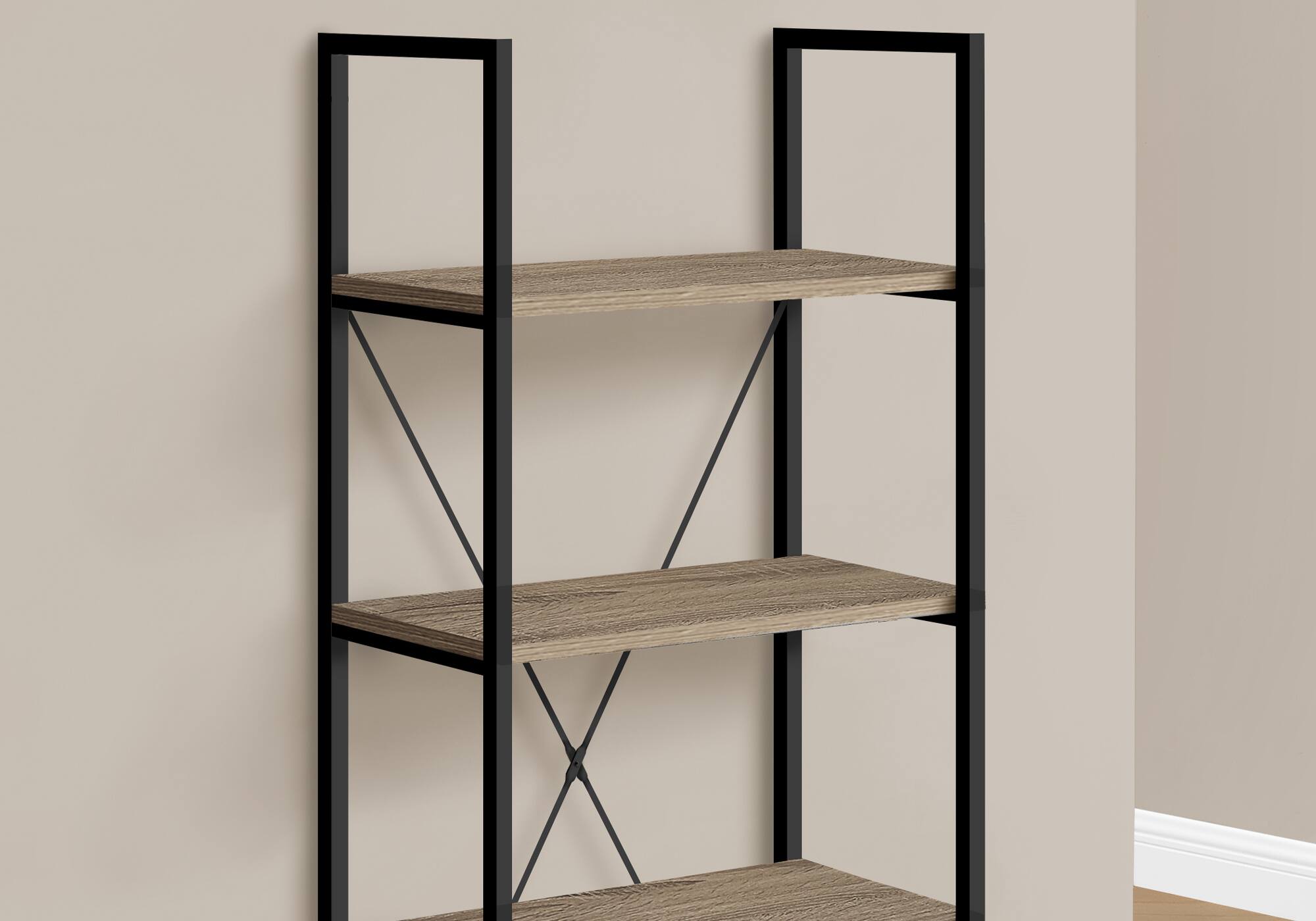 Left. TinyHomie - Bookshelf Bookcase 4 Tier 48in H Brown Laminate Black Metal - taupe.