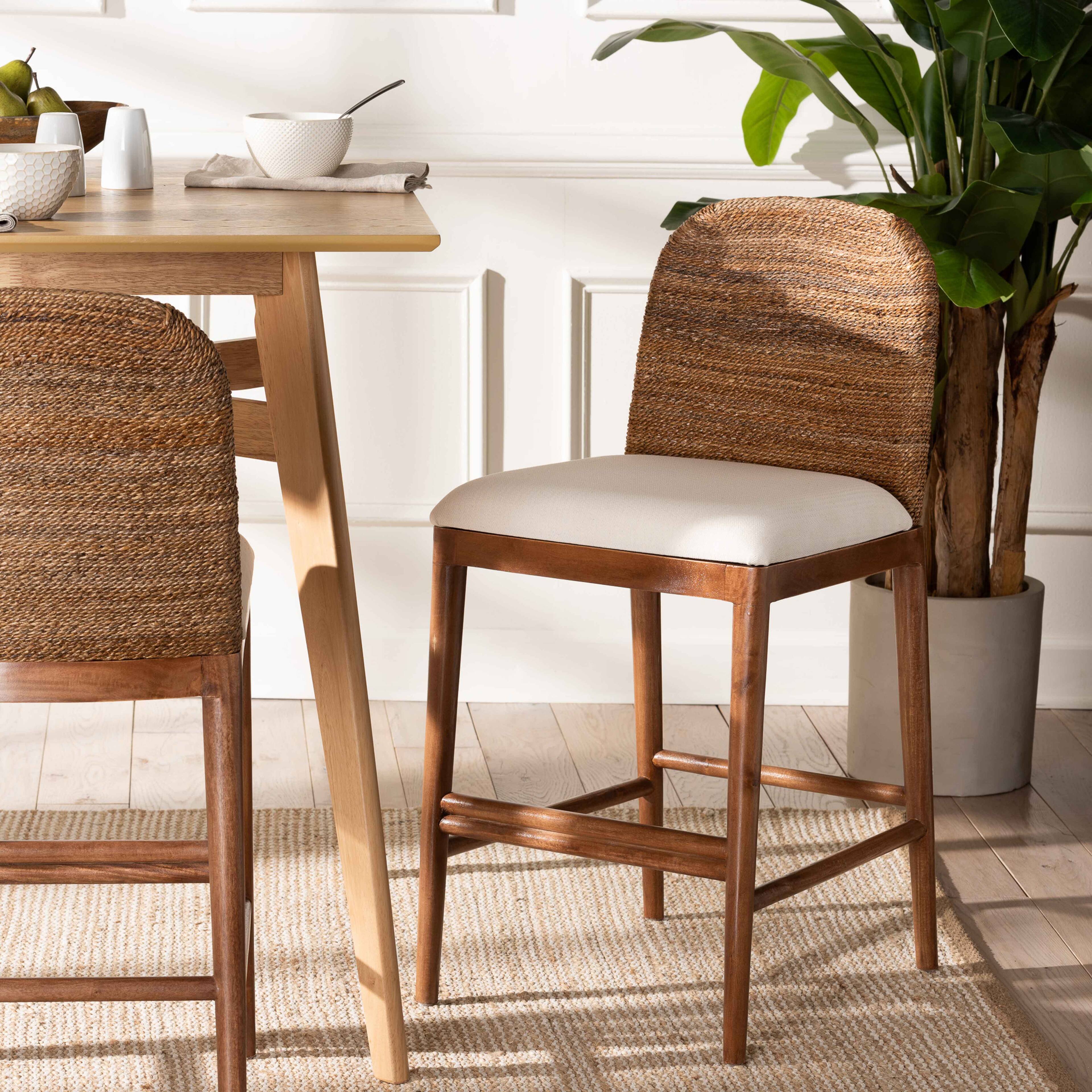 Alt View 4. bali & pari - Nadim Modern Bohemian Seagrass and Acacia Wood Counter Stool - White/Natural Brown/Natural Seagrass.