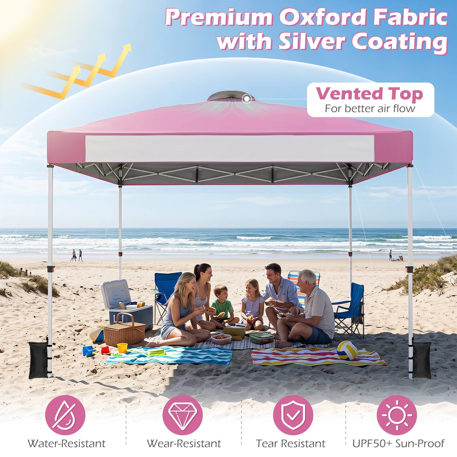 Premium Oxford Fabric with Silver Coating  
Vented Top for better air flow  
Water-Resistant  
Wear-Resistant  
Tear Resistant  
UPF50+ Sun-Proof