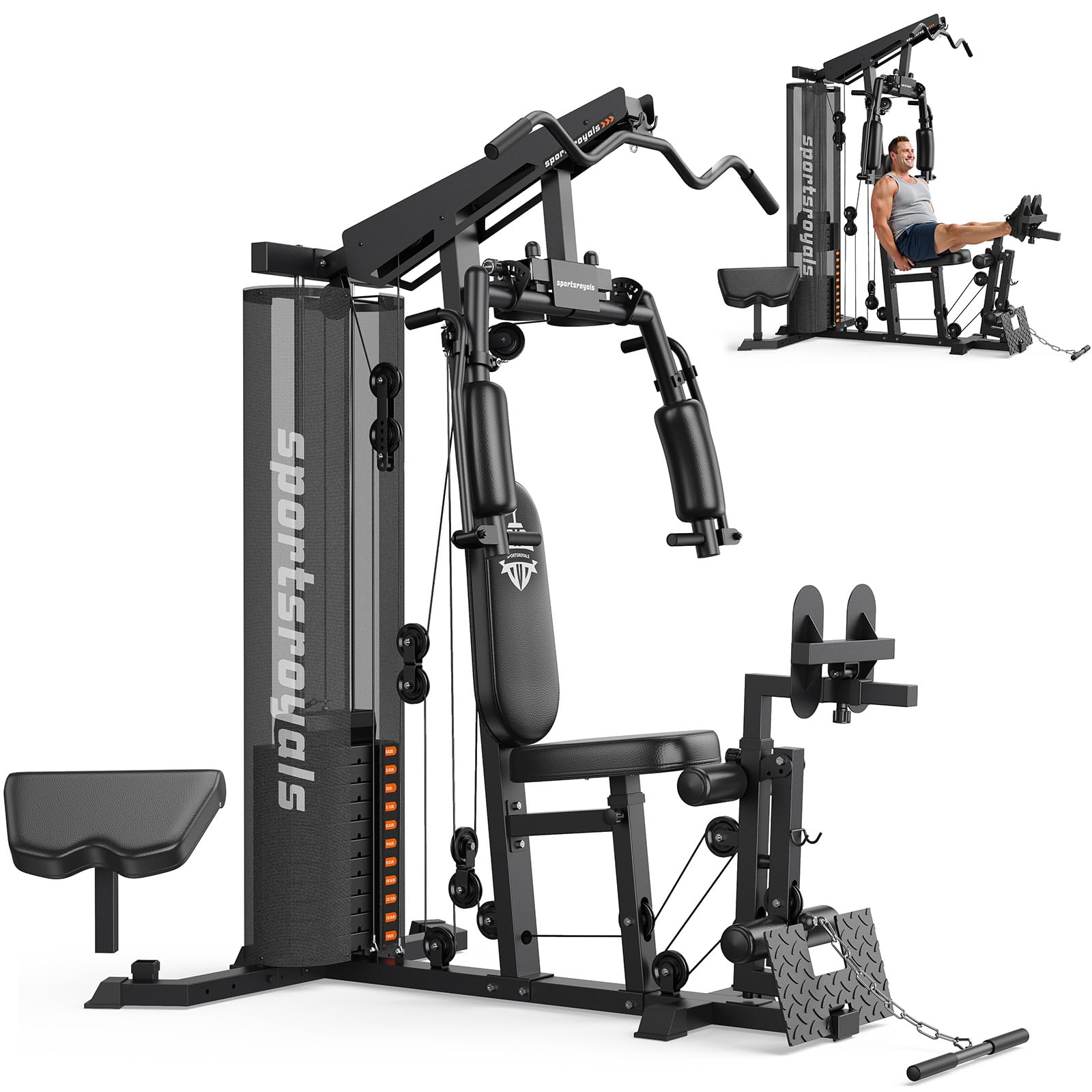 Sportsroyals - Home Gym Equipment, 150LBS Weight Stack, Full Body Workout Machine with Pulley System for Strength Training - Black