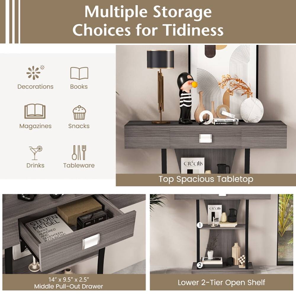 Multiple Storage Choices for Tidiness

Decorations  
Books  
Magazines  
Snacks  
Drinks  
Tableware  

Top Spacious Tabletop  

Middle Pull-Out Drawer  
14" x 9.5" x 2.5"  

Lower 2-Tier Open Shelf