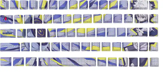 The image shows a keyboard with a colorful background featuring a boy and a cat. The text on the image reads "ENCQAUPAAELESE X nNEs-ZO HUNTER Gas LASE NNUEOAOEELLKT HIGROUND 29." However, this text is not in a proper format and may not be easily understood. To group and correct the text, it would be helpful to reorganize the letters and words to form coherent sentences or phrases.