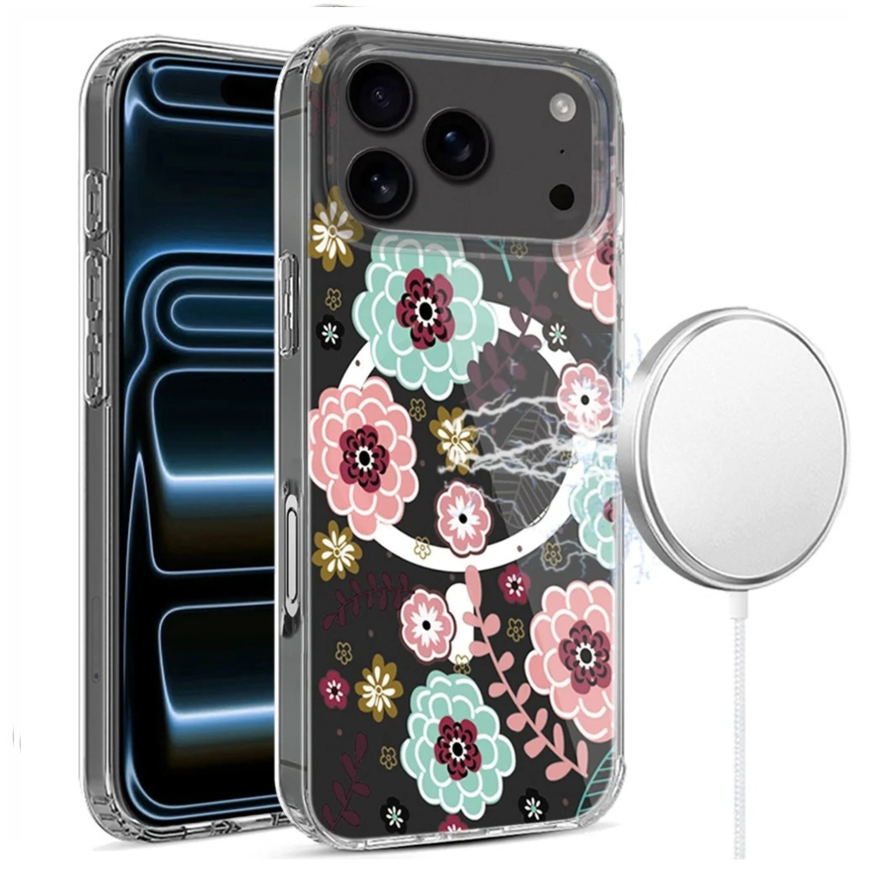 Angle. Kitcheniva - Magnetic Circle Unique Design Rugged Hybrid Phone Case With Tempered Glass For iPhone 17 Pro Flower - Flower.