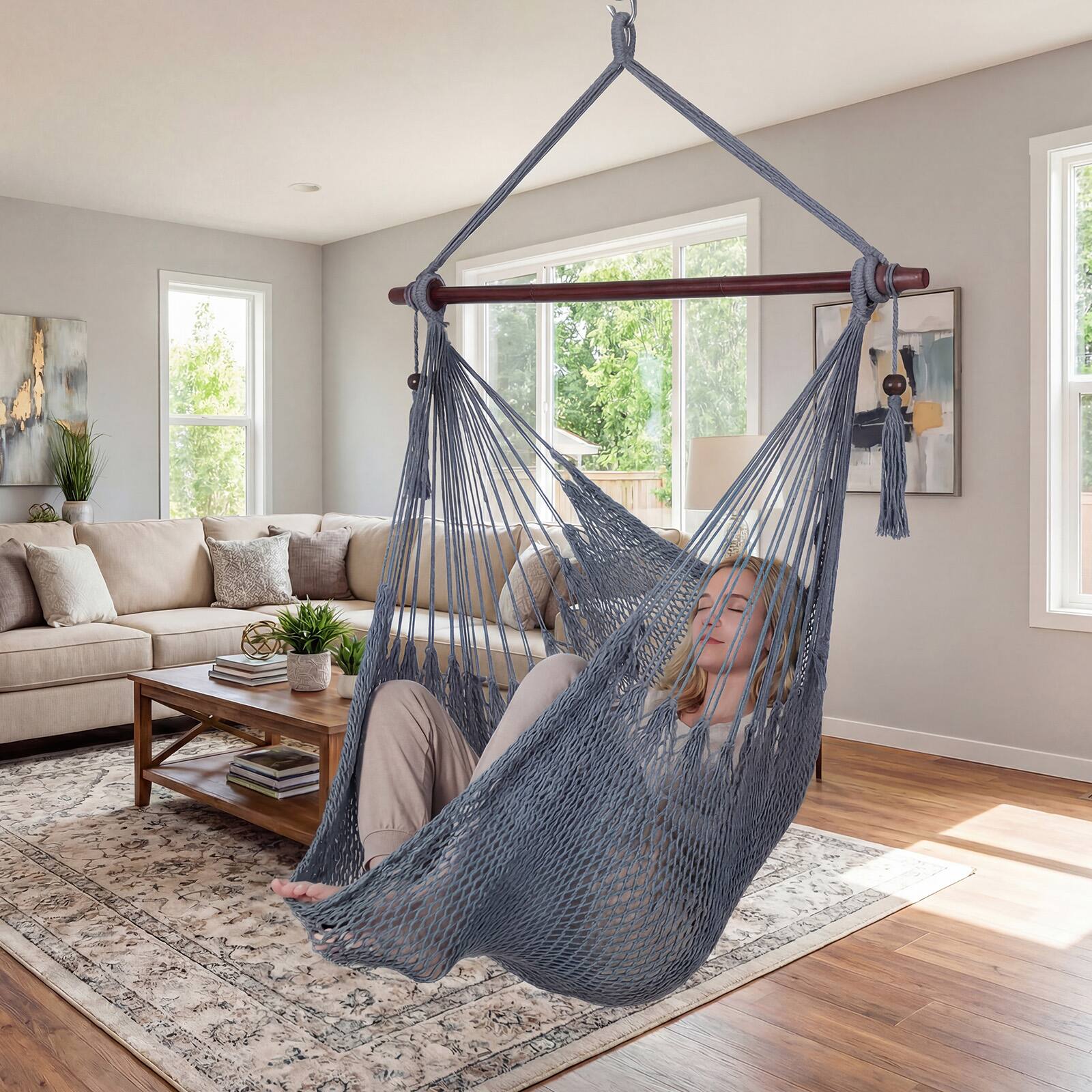 Alt View 4. Gymax - Gymax Caribbean Hammock Chair Large Soft-Spun Hanging Chair w/ Metal Spreader Bar Gray - Gray.