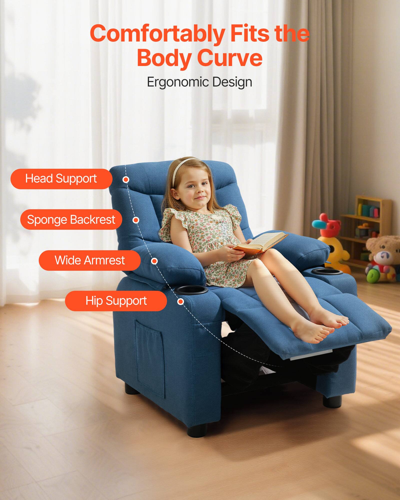 Comfortably Fits the Body Curve  
Ergonomic Design  

- Head Support  
- Sponge Backrest  
- Wide Armrest  
- Hip Support