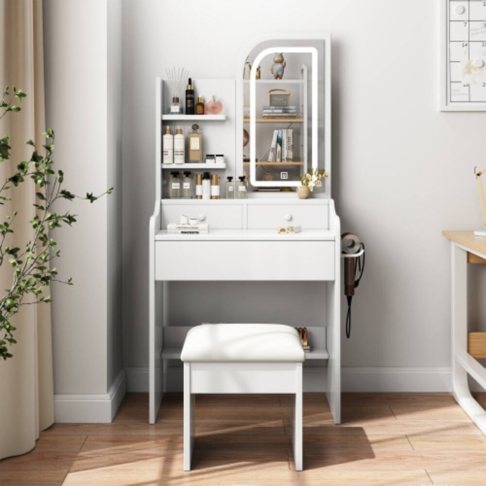 Left. LUCKY ONE - Vanity Desk with 3-Color LED Mirror, Hair Dryer Holder, 3 Drawers and Chair for Bedroom - White.