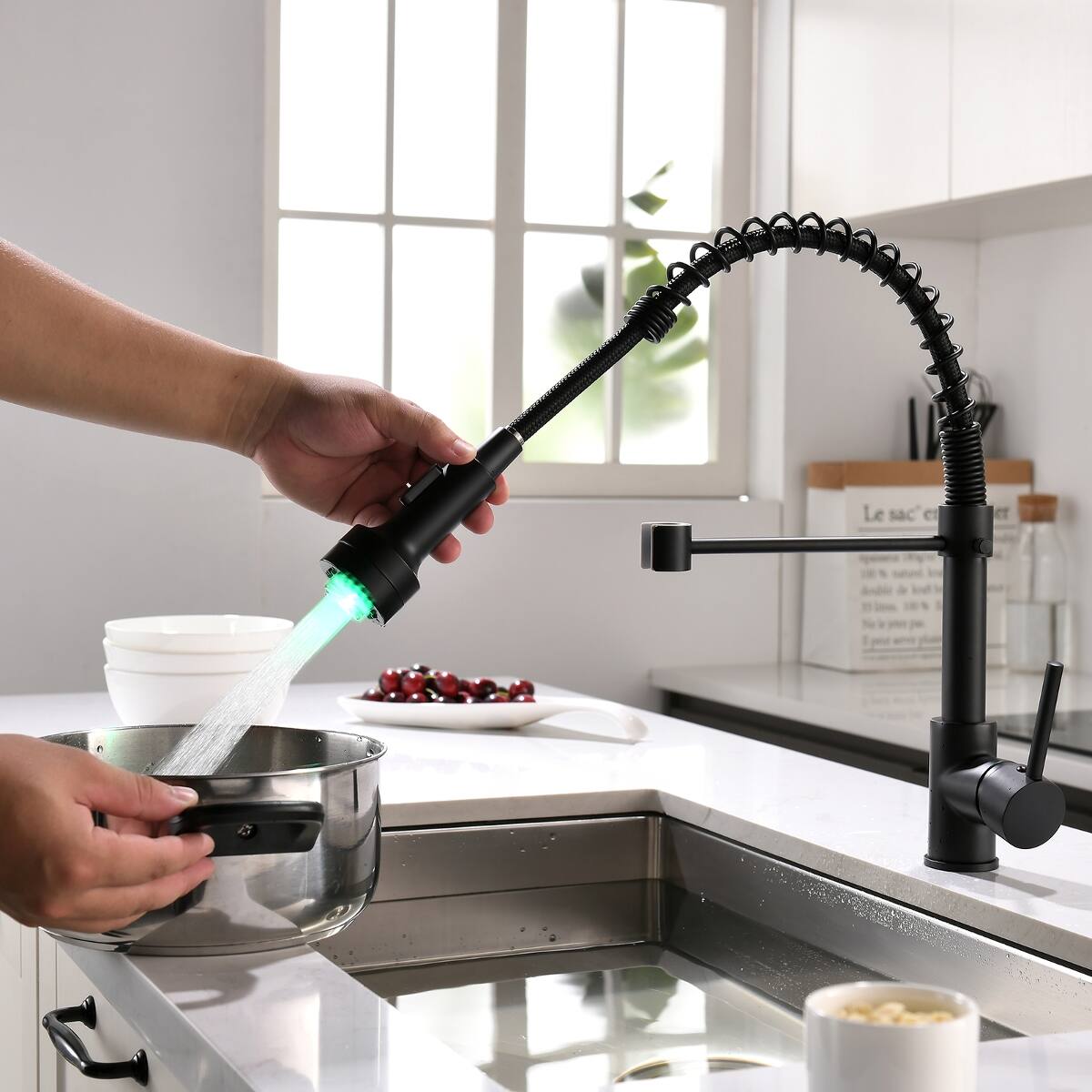 Back. Ropilly - Ropilly LED Kitchen Faucet Matte Black Pull Down Kitchen Faucet with Commercial Style Spring Spout Single Handle - Black.