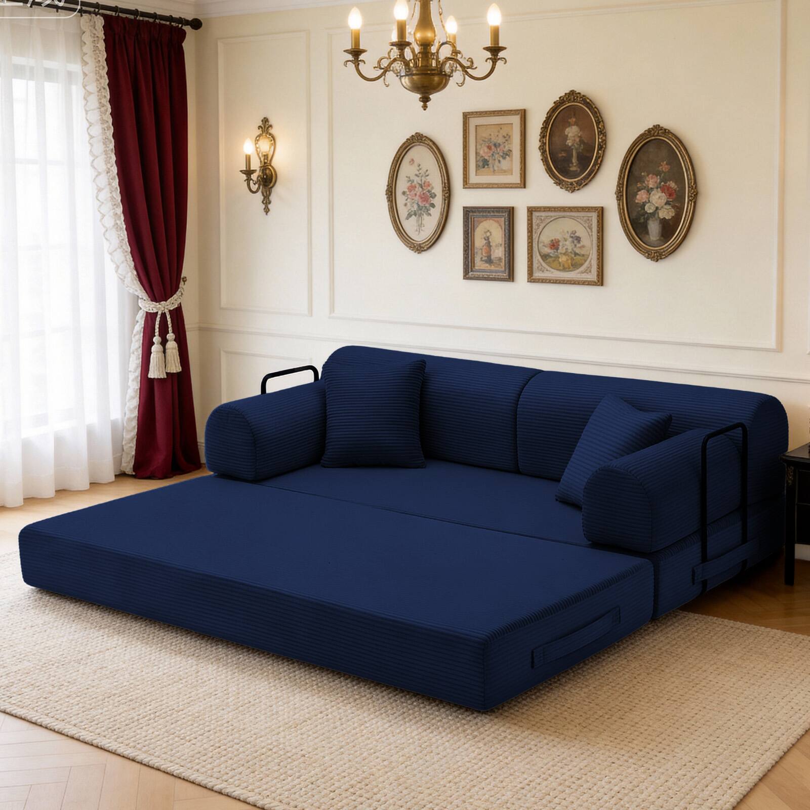 Back. Anysun - Corduroy Convertible Sleeper Sofa Bed - Folding Mattress Couch with Fixed Frame for Living Room & Bedroom - Blue.