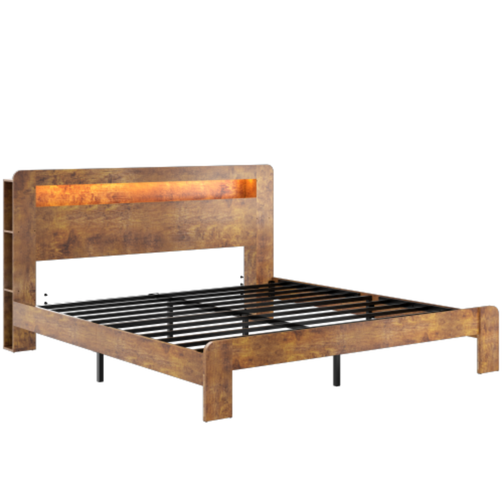 Alt View 3. LUCKY ONE - King Size Wood Platform Bed Frame with Storage LED Headboard, USB Charging, Wood Slats, No Box Spring Needed - Dark Brown.