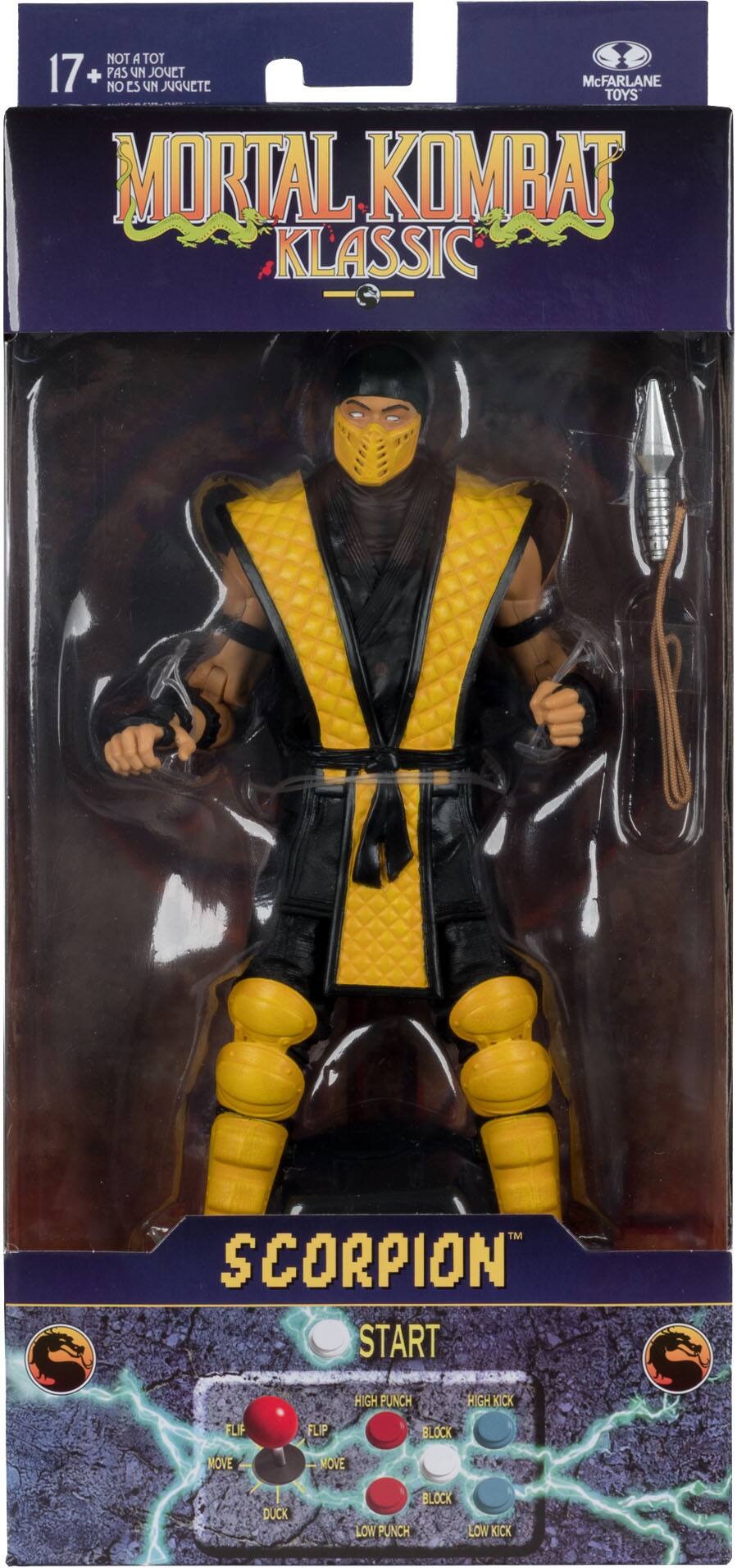 NOT A TOY 17+ PAS UN JOUET NO ES UN JUGUETE McFARLANE TOYS MORTAL KOMBAT KLASSIC TM SCORPION START HIGH PUNCH HIGH KICK FLIP FLIP MOVE MOVE DUCK BLOCK LOW PUNCH LOW KICK
