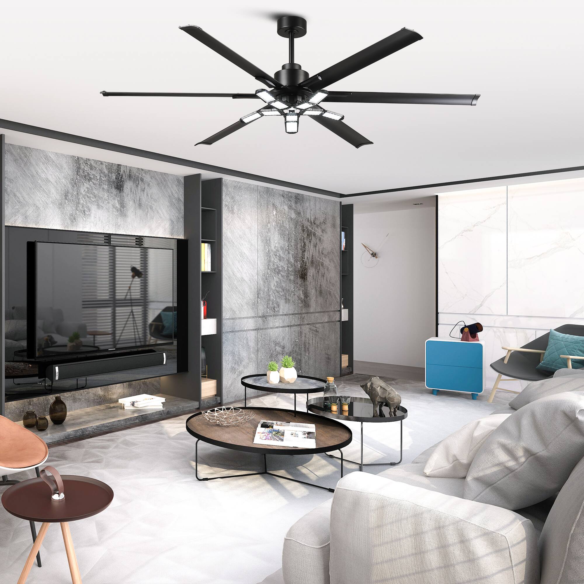 Alt View 1. Parrot Uncle - 84''Black Industrial HVLS Large Ceiling Fan with Foldable LED and Remote Control - Black.