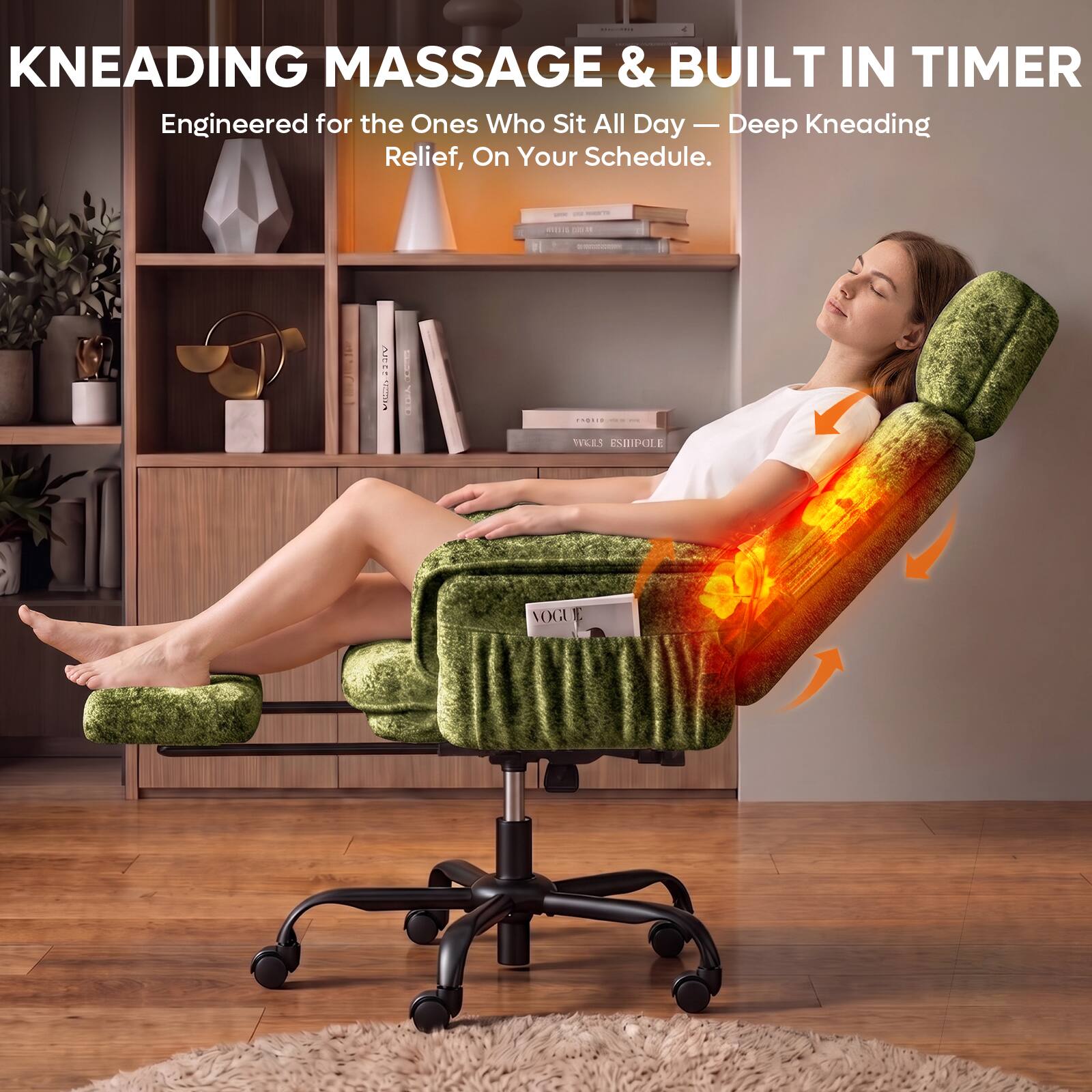 KNEADING MASSAGE & BUILT IN TIMER  
Engineered for the Ones Who Sit All Day - Deep Kneading Relief, On Your Schedule.
