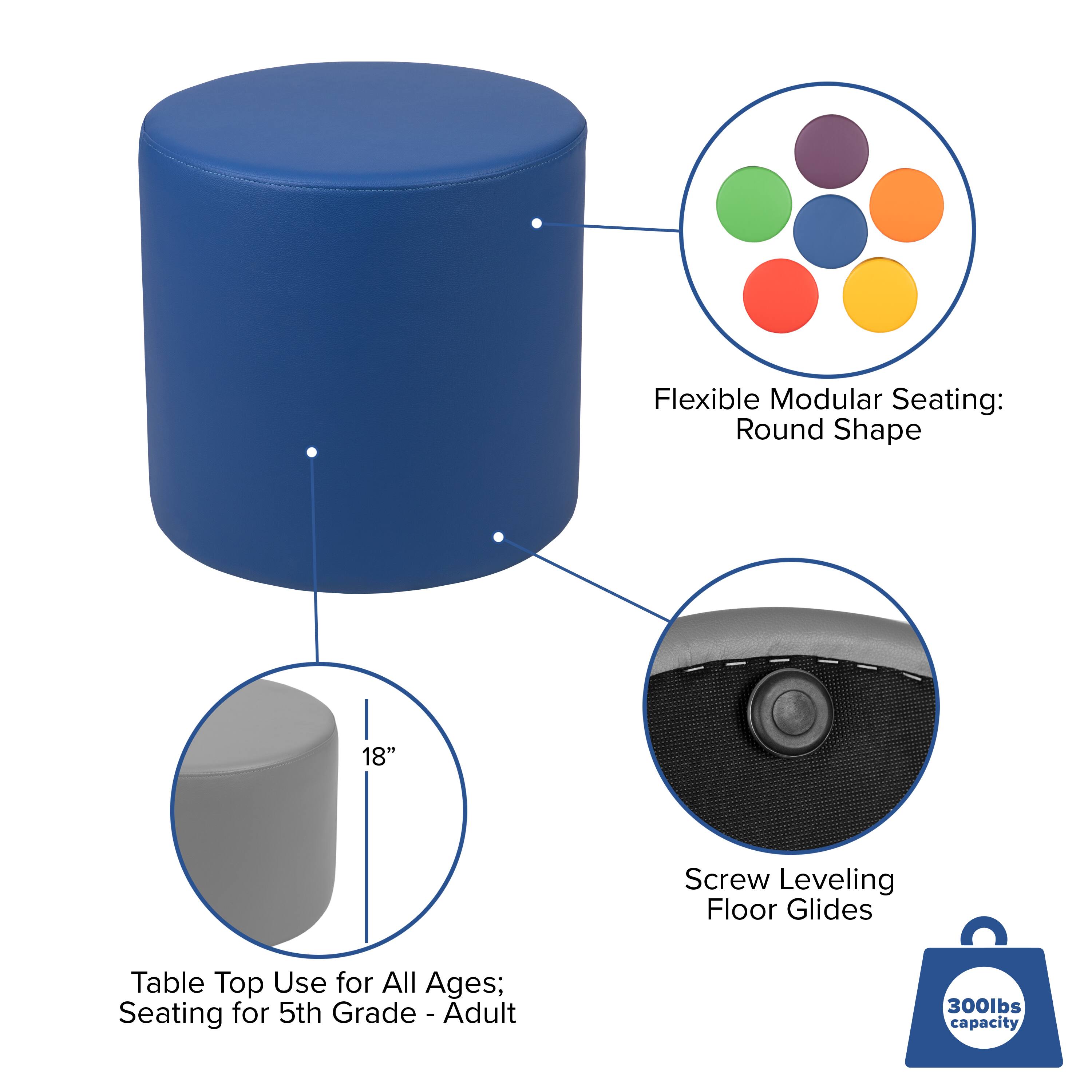 Flexible Modular Seating: Round Shape  
18" Screw Leveling Floor Glides  
Table Top Use for All Ages; Seating for 5th Grade - Adult  
300lbs capacity