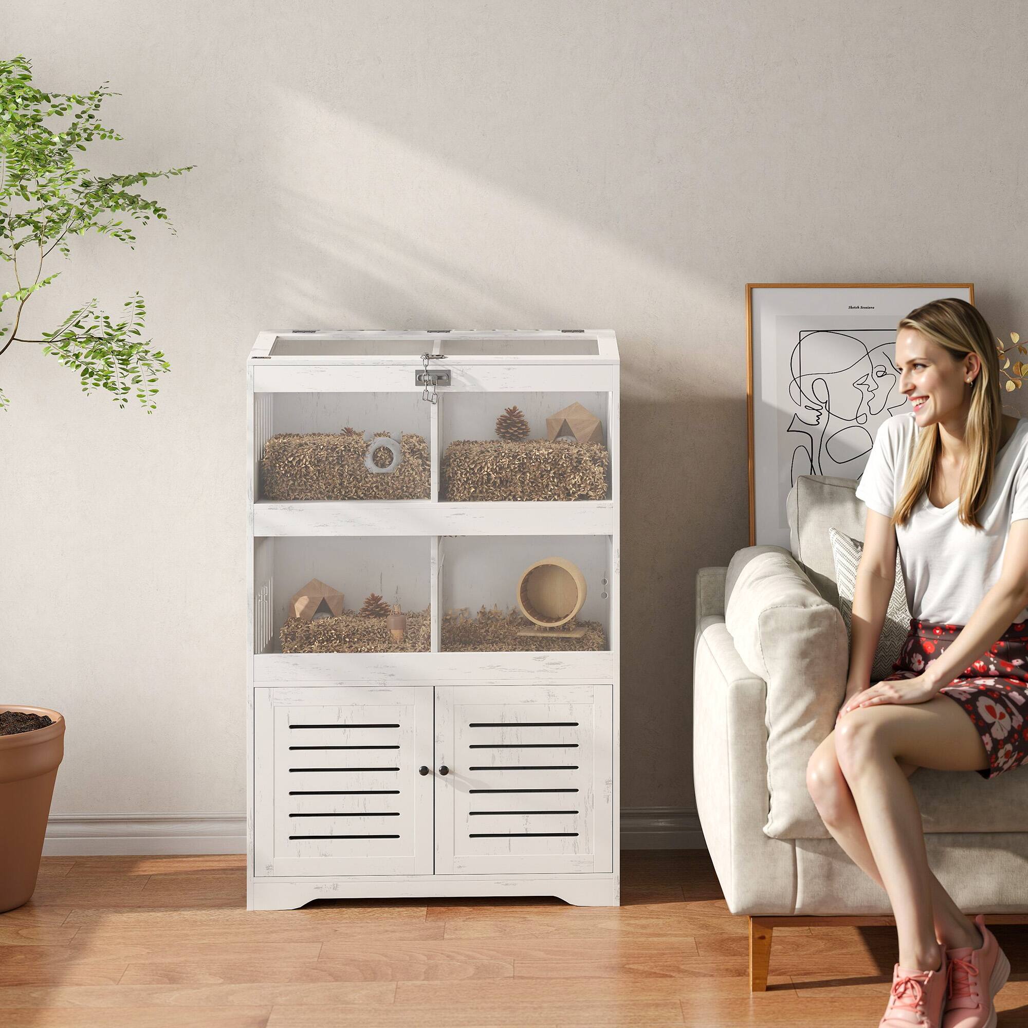 Alt View 5. Pawhut - Large Hamster Cage for Multiple Small Pets, Storage Cabinet, Clear Acrylic Panels, Sliding Doors, Flip Top, Syrian.