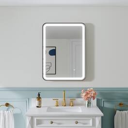 WELLFOR - 24 in. W x 32 in. H Anti-Fog LED Bathroom Mirror, Wall Bathroom Vanity Mirror with Framed Round Corner - Matte Black