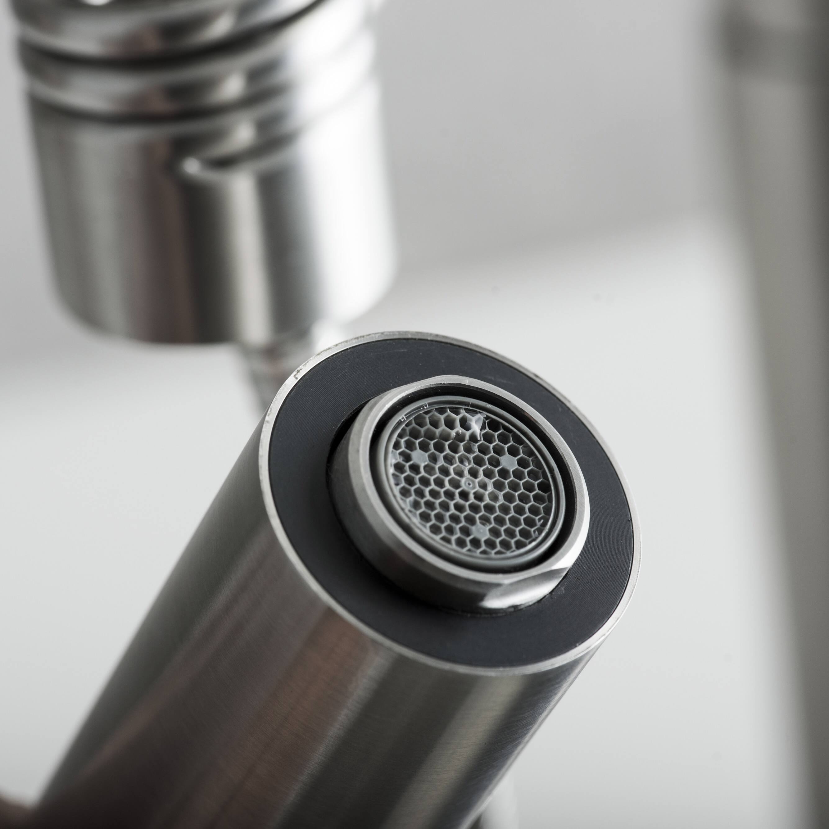 Left. Siljoy - DAX Single Handle Pull Down Kitchen Faucet Brushed Finish - Steel Gray.