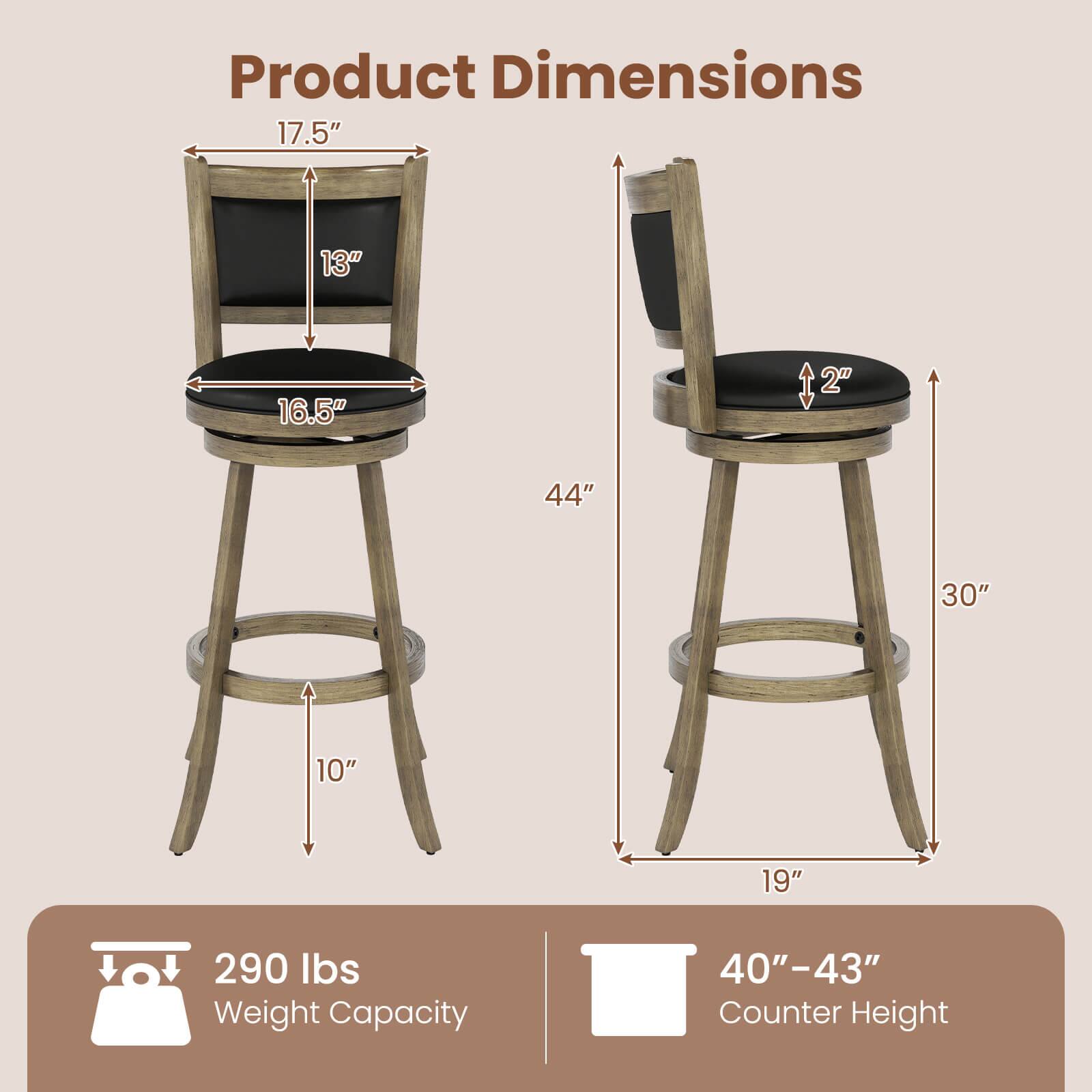 Product Dimensions: 17.5" x 13" x 16.5" x 2" x 44" x 30" x 10" x 19"  
Weight Capacity: 290 lbs  
Counter Height: 40"-43"