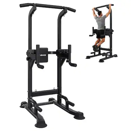 Front. VEVOR - Pull Up Bar, 330 LBS Power Tower Dip Station, Workout Dip Station with H-Shaped Stable Base & Back Pad - Black.
