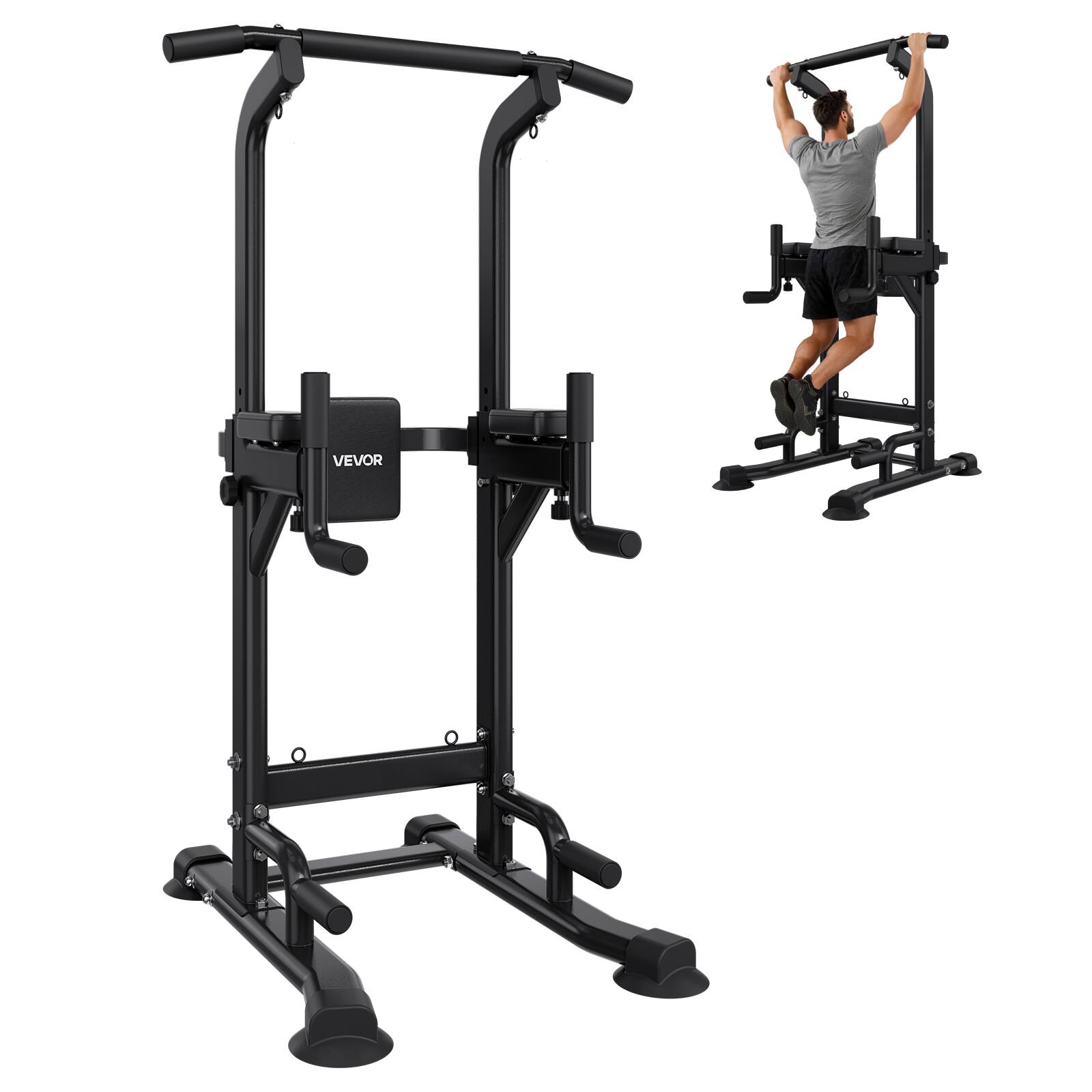 Front. VEVOR - Pull Up Bar, 330 LBS Power Tower Dip Station, Workout Dip Station with H-Shaped Stable Base & Back Pad - Black.