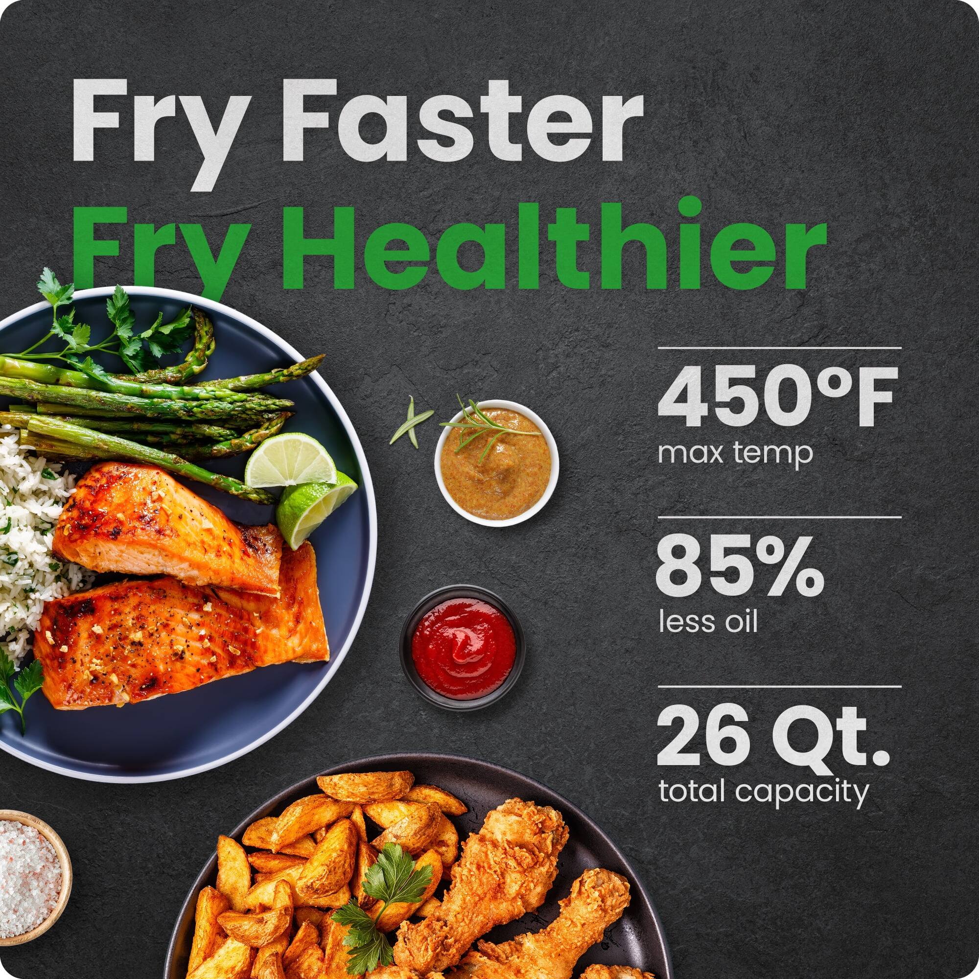 Fry Faster  
Fry Healthier  

450°F max temp  
85% less oil  
26 Qt. total capacity