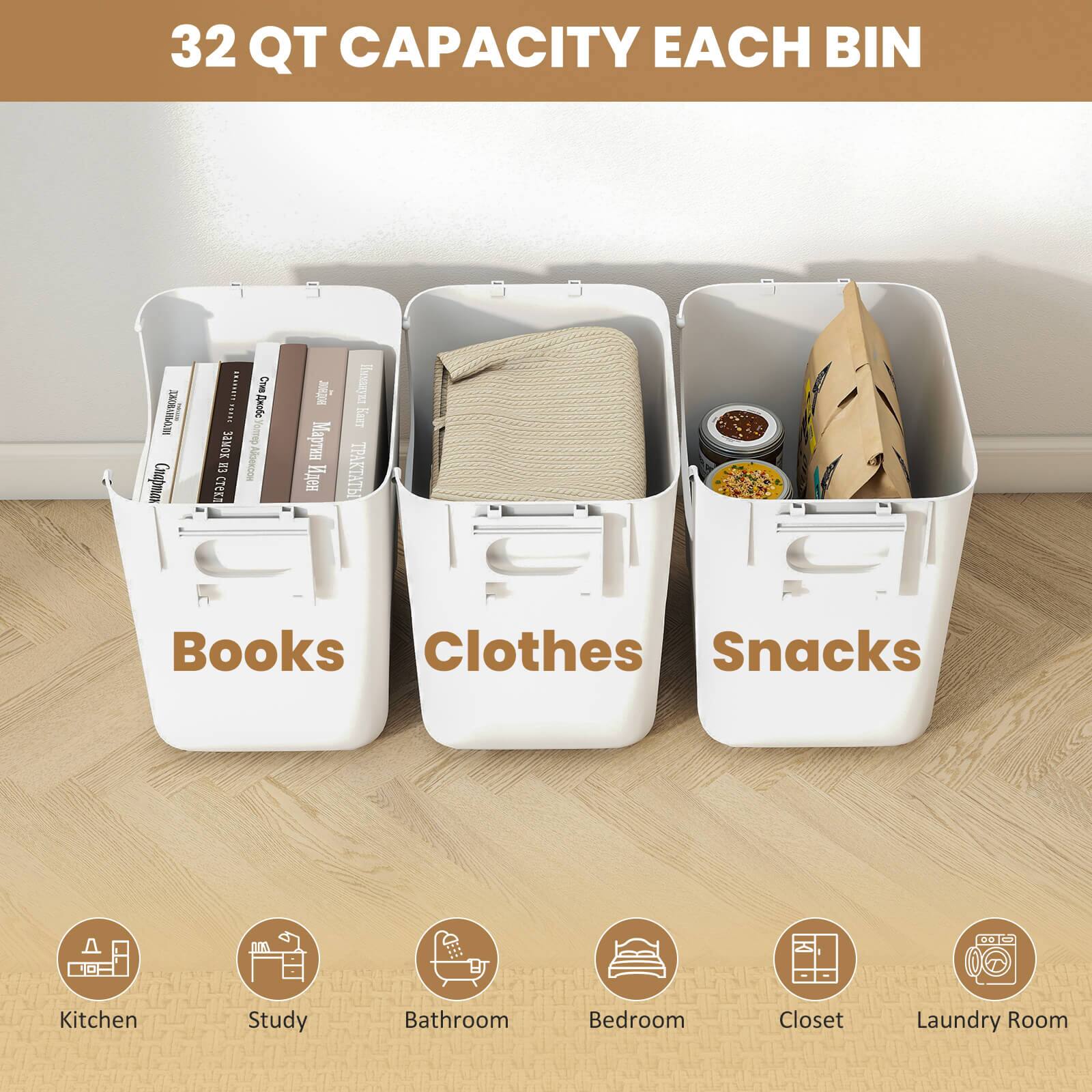 32 QT CAPACITY EACH BIN

Books  
Clothes  
Snacks  

Kitchen  
Study  
Bathroom  
Bedroom  
Closet  
Laundry Room