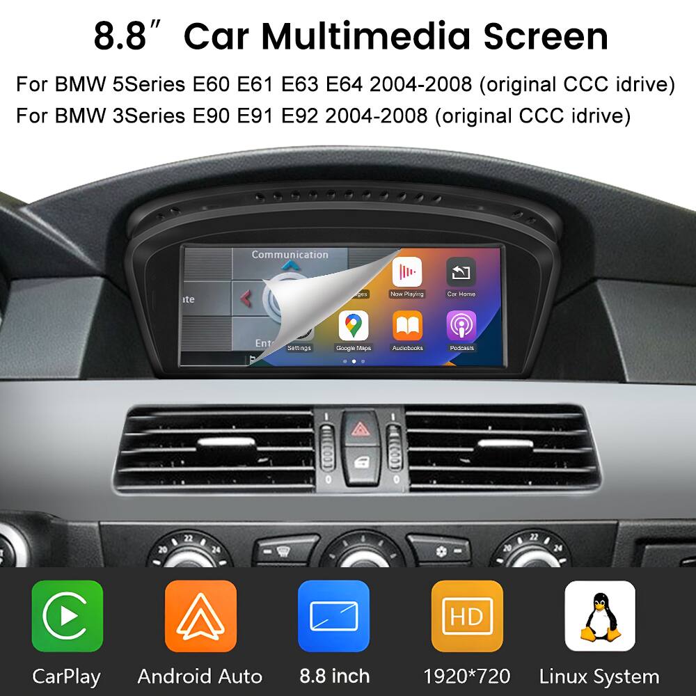 8.8" Car Multimedia Screen For BMW 5Series E60 E61 E63 E64 2004-2008 (original CCC idrive) For BMW 3Series E90 E91 E92 2004-2008 (original CCC idrive) Communication ite es Pilkcom Paying C Hame Ent T Sennos Coogle TRADS Audlioks POGIALS : 20 22 24 20 22 24 HD CarPlay Android Auto 8.8 inch 1920*720 Linux System