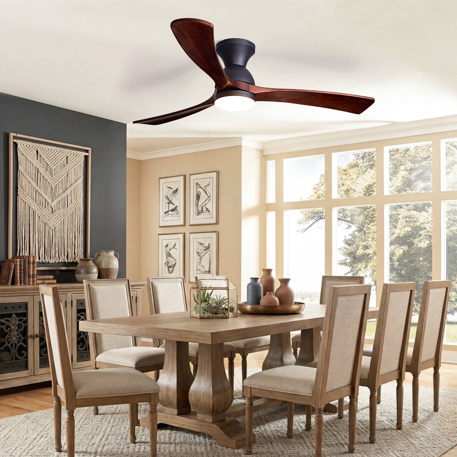 Back. Siljoy - 52 Inch Black Flush Mount Ceiling Fan with Light Solid Wood Blades with Remote Control for Bedroom Living Room Foyer - Brown.