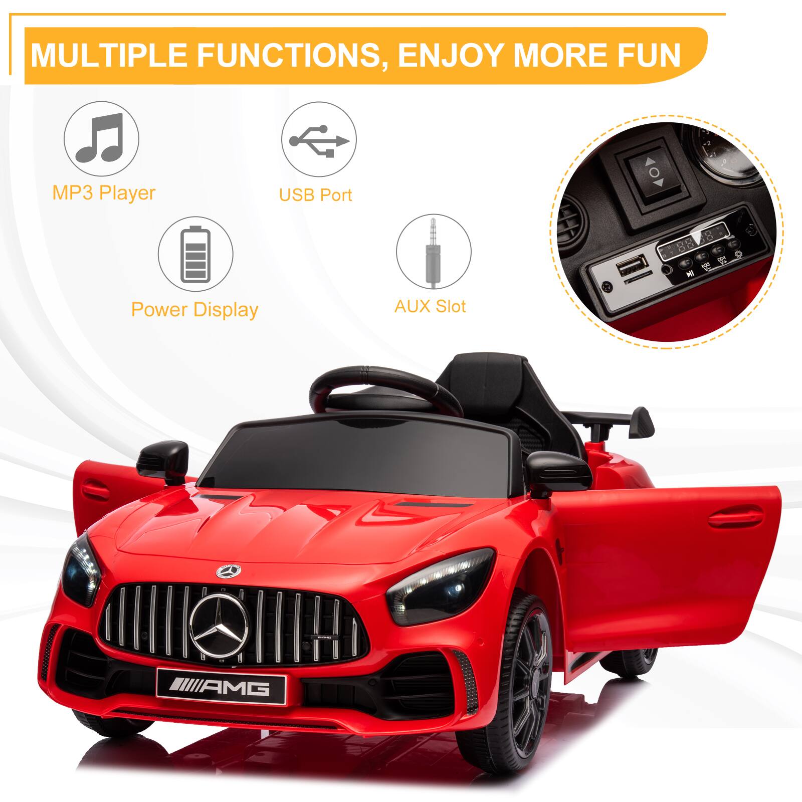 MULTIPLE FUNCTIONS, ENJOY MORE FUN

- MP3 Player
- USB Port
- Power Display
- AUX Slot