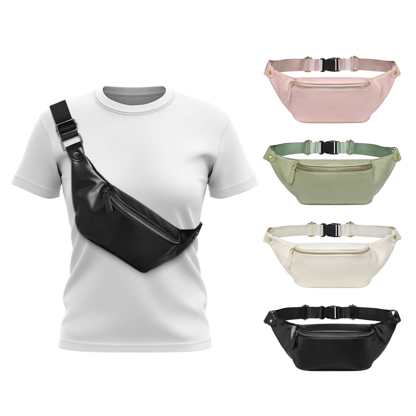 Unique Bargains - Soft Faux Leather Fanny Pack Crossbody Waist Pack with Adjustable Strap Large Pocket Sturdy Zippers for Travel Hiking - Standard Black