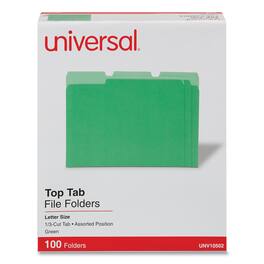 Universal - Deluxe Colored Top Tab File Folders, 1/3-Cut Tabs: Assorted, Letter Size, Green/Light Green, 100/Box
