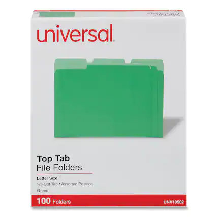 universal.
Top Tab File Folders
Letter Size
1/3-Cut Tab • Assorted Position
Green
100 Folders
UNV10502