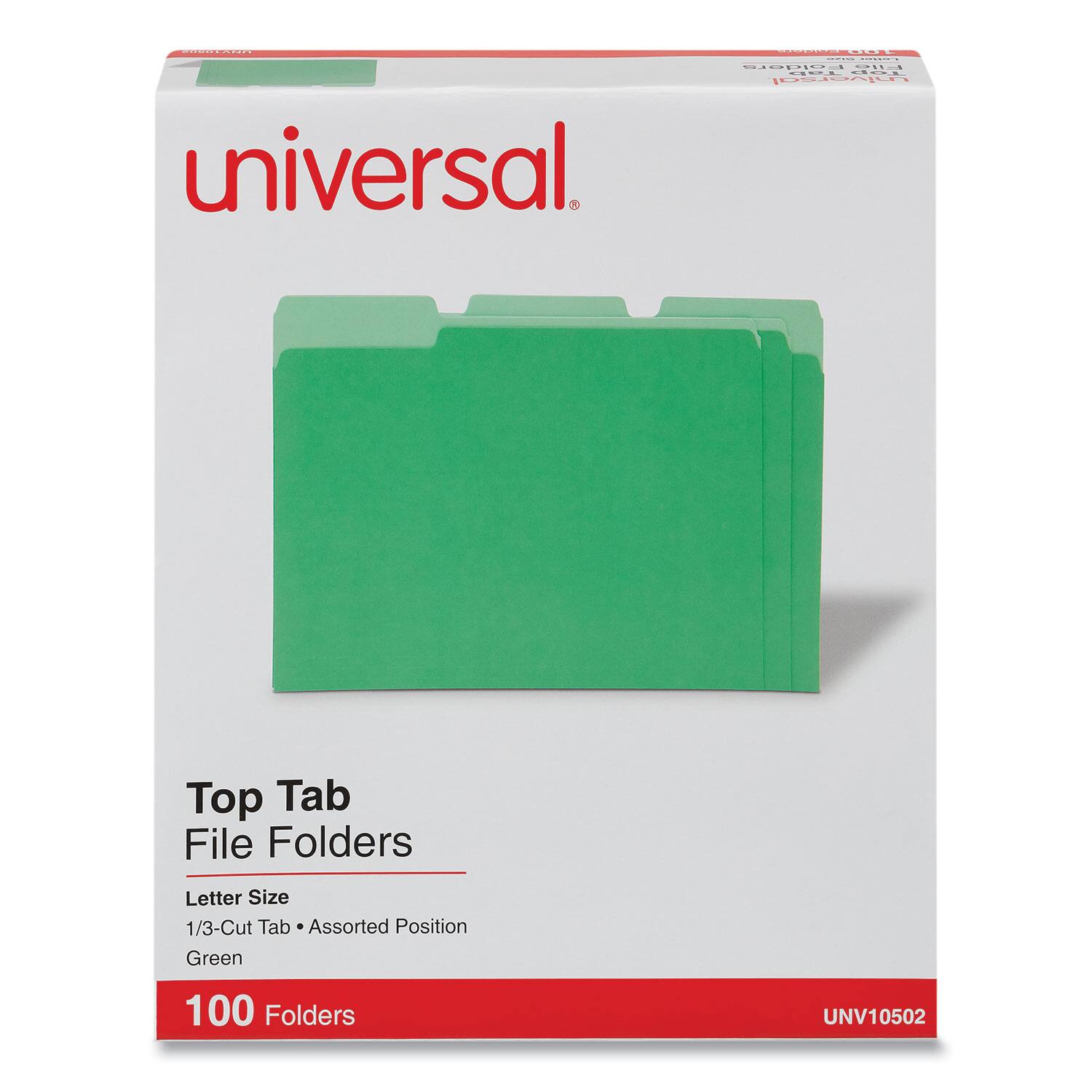 universal.

Top Tab File Folders

Letter Size  
1/3-Cut Tab • Assorted Position  
Green

100 Folders

UNV10502
