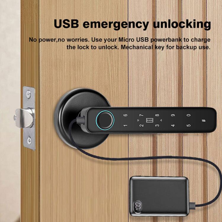 USB emergency unlocking  
No power, no worries. Use your Micro USB powerbank to charge the lock to unlock. Mechanical key for backup use.