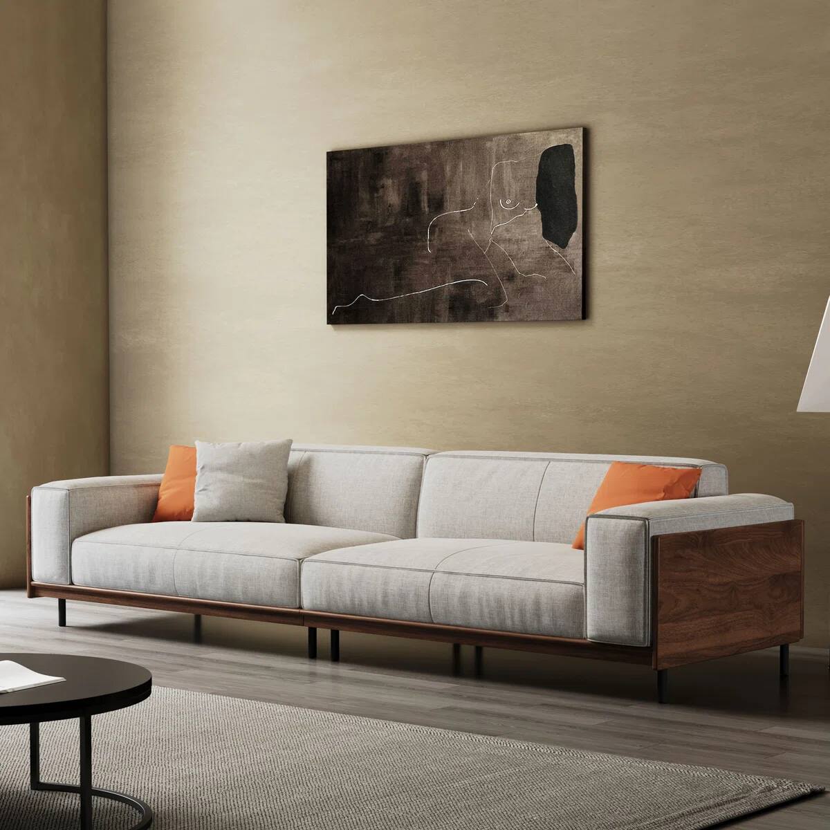 Angle. luck idea - 111.81" Mid-Century 4-Seater Sofa, Linen Fabric Couch with Walnut Wood Arm Panels & 3 Throw Pillows for Living Room - Gray.