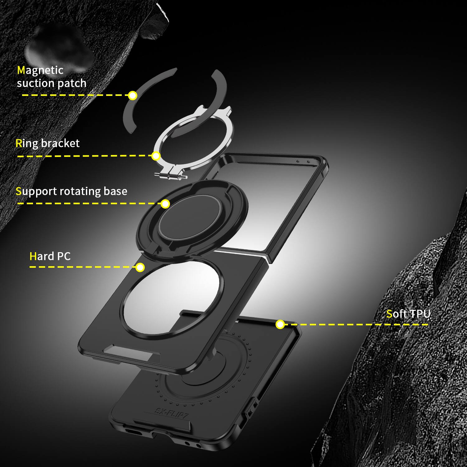 Magnetic suction patch  
Ring bracket  
Support rotating base  
Hard PC  
Soft TPU  
SX-FLIP7