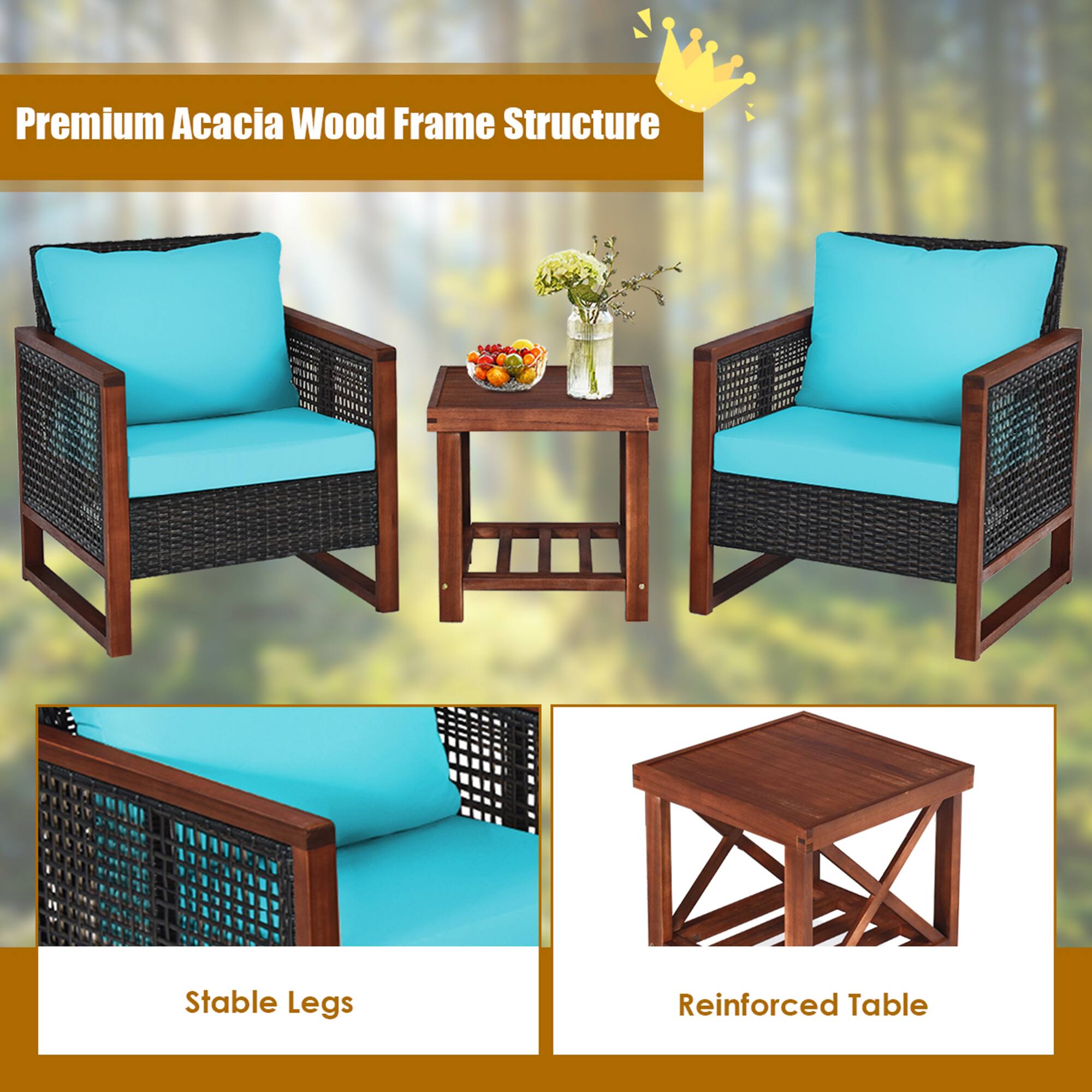 Premium Acacia Wood Frame Structure

Stable Legs

Reinforced Table
